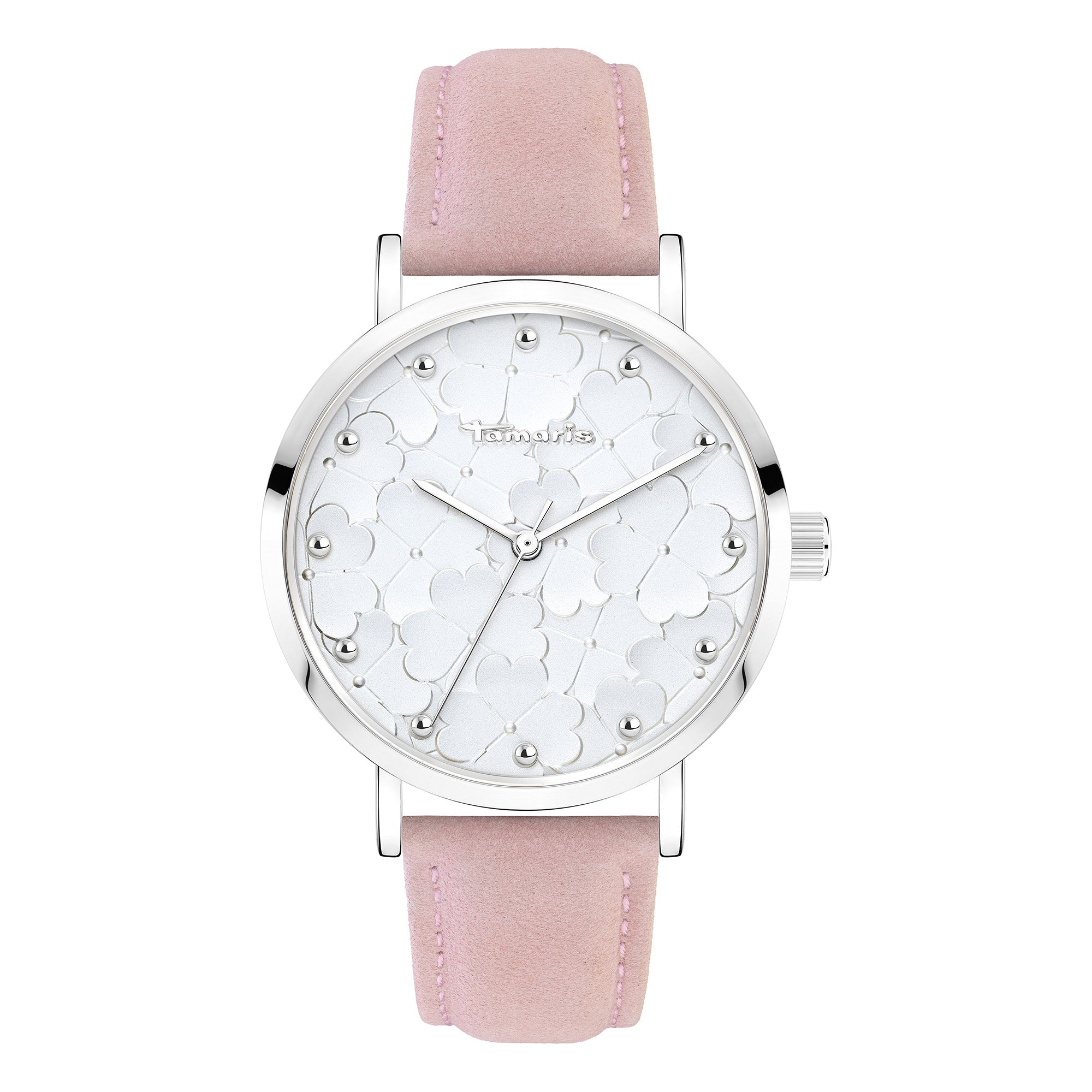 Die Tamaris Armbanduhr - Clover von Tamaris hat ein silberfarbenes Gehäuse, ein blütenweißes Kleeblatt und ein pastellrosa Lederband.