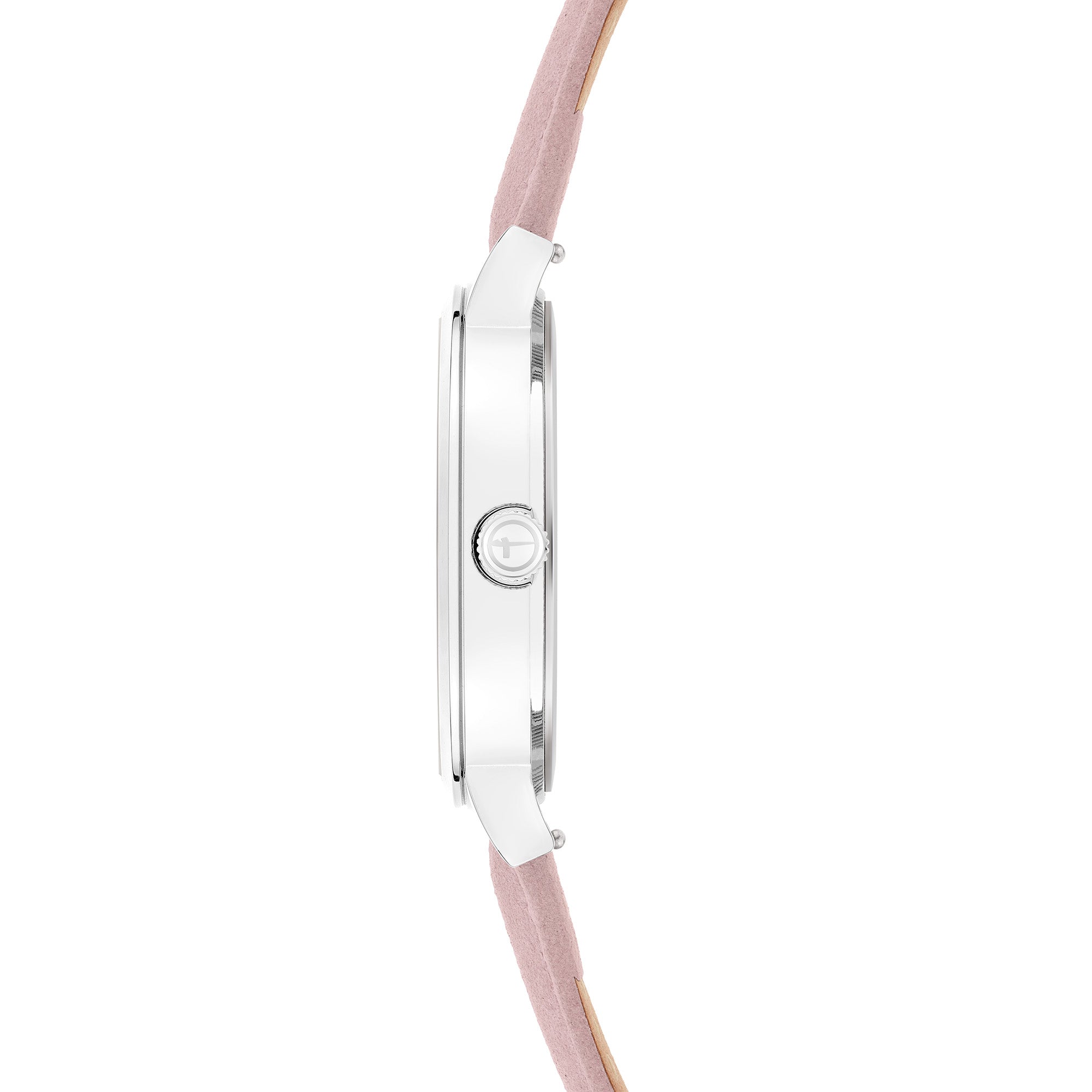 Seitenansicht der Tamaris Armbanduhr - Clover von Tamaris mit silbernem Gehäuse und rosafarbenem Lederband vor weißem Hintergrund.