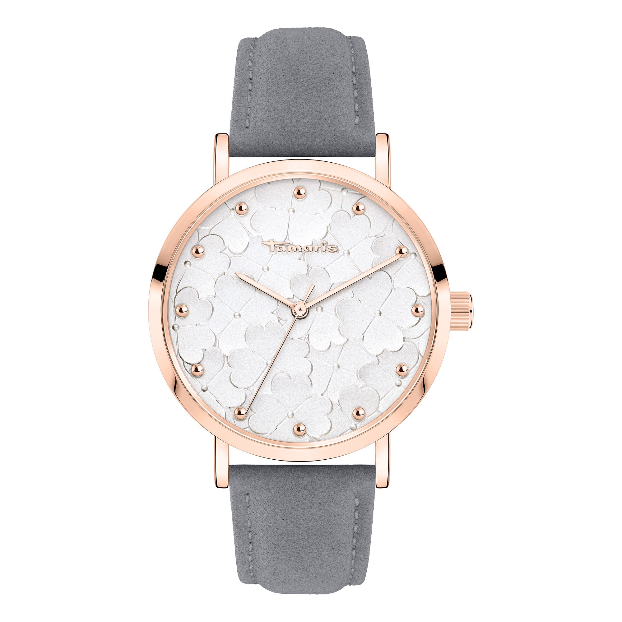 Die Tamaris Armbanduhr - Clover überzeugt mit roségoldenem Gehäuse, florales Kleeblatt-Zifferblatt in Weiß und grauem Lederarmband, stilvoll präsentiert auf weißem Hintergrund.