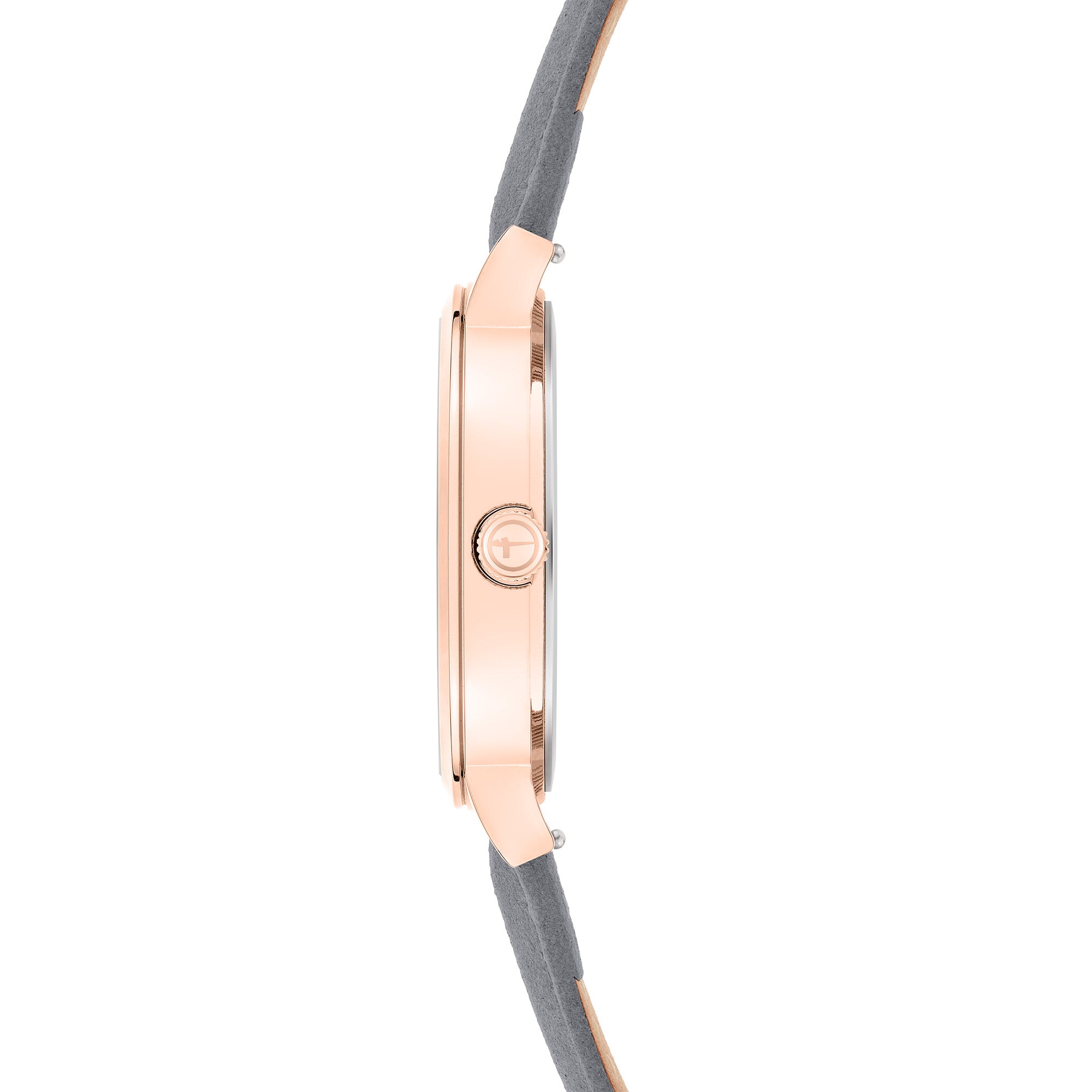 Seitenansicht der Tamaris Armbanduhr - Clover von Tamaris in Roségold mit grauem Armband, runder Krone und floralem Zifferblatt.