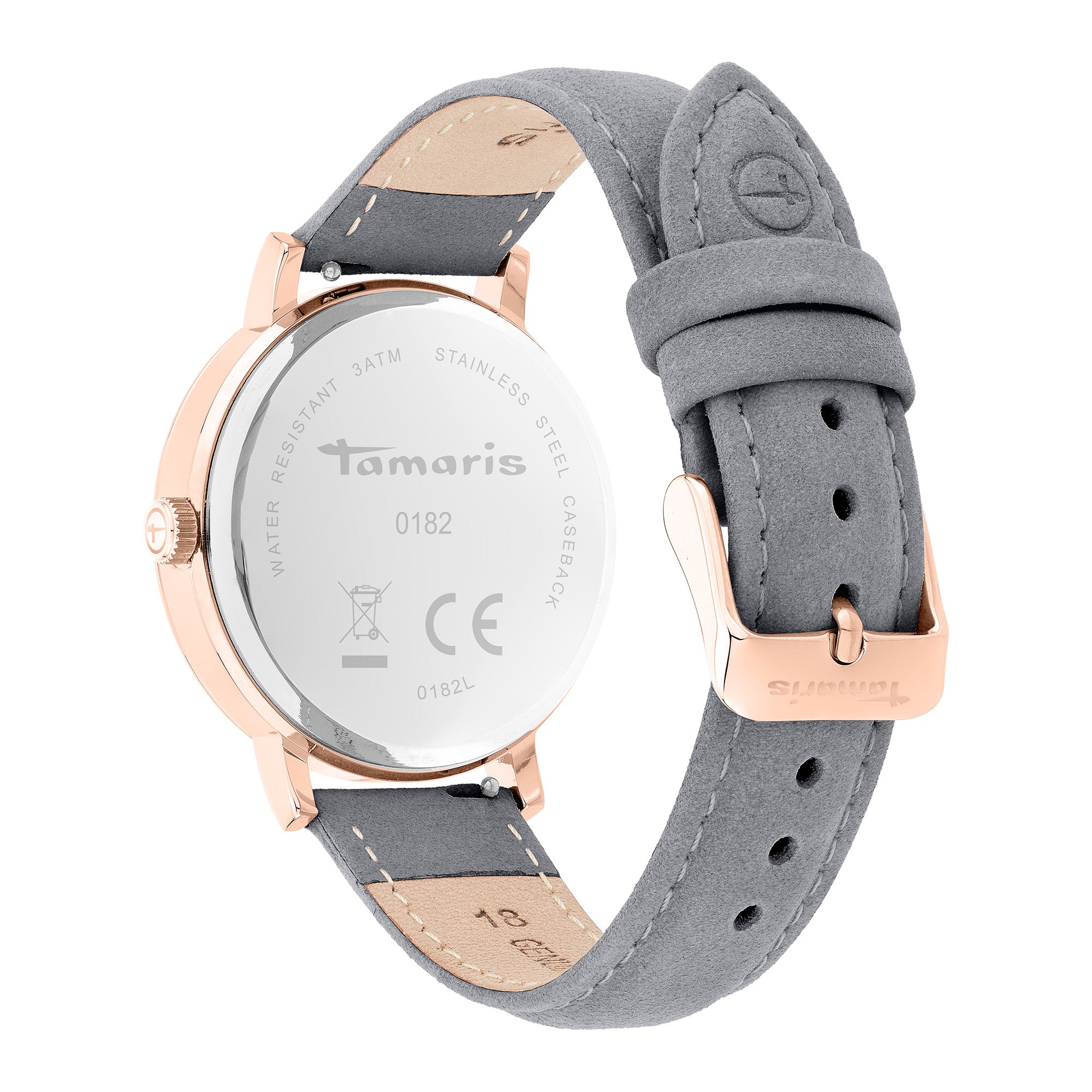 Rückansicht der Tamaris Armbanduhr - Clover, mit grauem Armband und roségoldenem Gehäuse für einen eleganten Look.