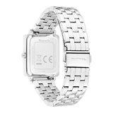 Die Tamaris Armbanduhr - The Bicolor Square von Tamaris verfügt über ein silbernes, quadratisches Gehäuse, ein elegantes Edelstahlarmband und eine sichere Schließe, auf der die Rückseite der Uhr stilvoll dargestellt ist.