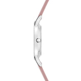 Seitenansicht der schmalen silbernen Tamaris Armbanduhr - The Flower by Tamaris, mit einem rosa Lederband mit zartem Blumendruck vor weißem Hintergrund.