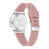 Rückansicht der Tamaris Armbanduhr - The Flower by Tamaris mit rosafarbenem Silikonarmband und einem Edelstahlgehäuse mit eingraviertem Tamaris-Logo.