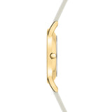 Seitenansicht der Tamaris Armbanduhr - The Flower von Tamaris, mit goldenem Gehäuse, weißem Silikonarmband, schmalem Profil und Kronenknopf.