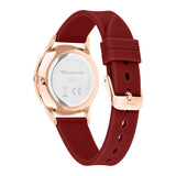 Rückansicht der Tamaris Armbanduhr - The Flower by Tamaris, mit rotem Silikonarmband, roségoldenem Gehäuse und sichtbarem Markenlogo.