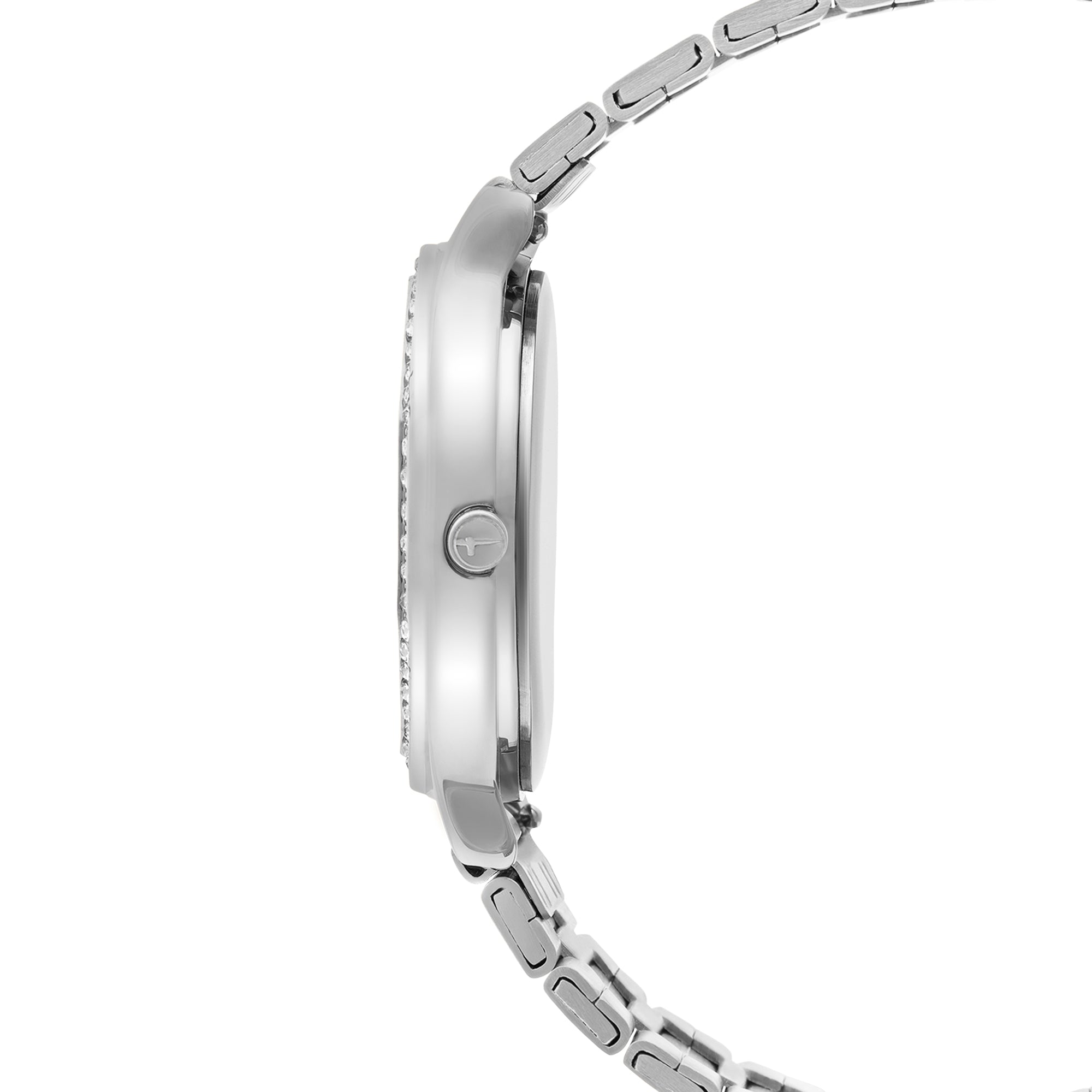 Seitenansicht der Tamaris Armbanduhr - Sparkling Octavia mit Zirkoniasteinen, einem silbernen Edelstahlband und einer runden Krone, isoliert auf weiß.