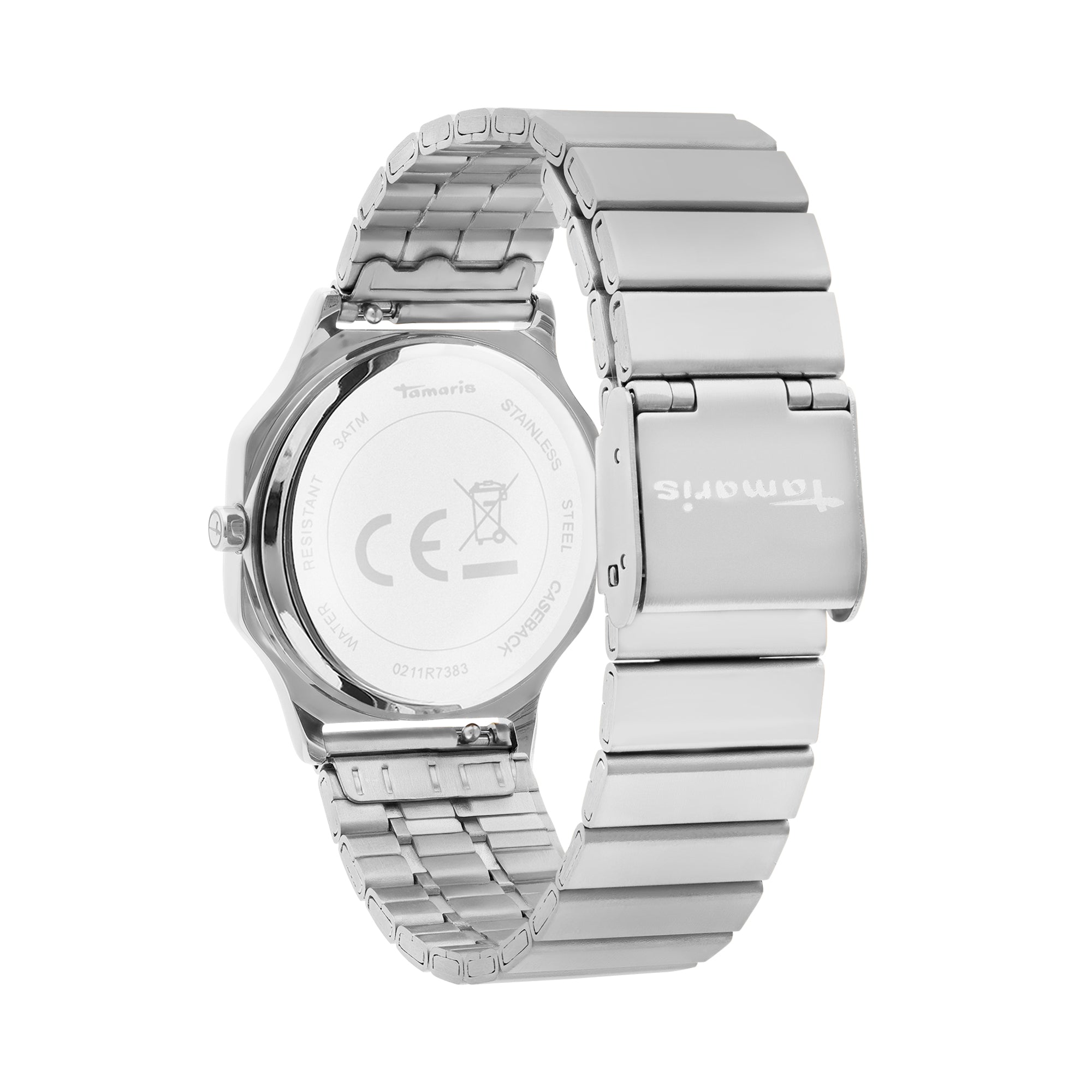 Rückansicht der Tamaris Armbanduhr - Sparkling Octavia von Tamaris, mit silbernem Edelstahlarmband mit Schließe und gravierten Details auf dem Gehäuseboden.