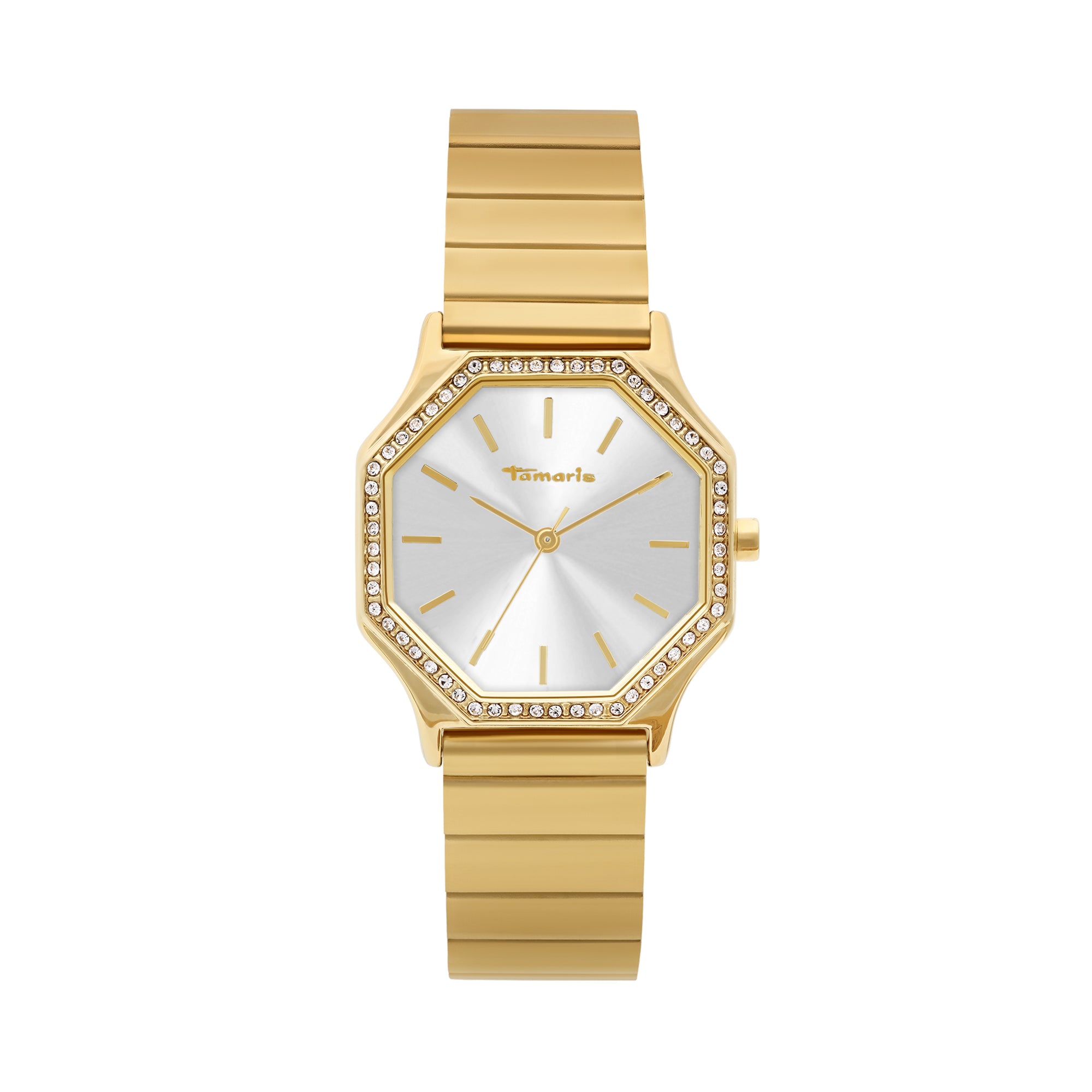 Die Tamaris Armbanduhr "Sparkling Octavia" überzeugt mit goldenem Design, achteckigem Zifferblatt, funkelnden Zirkoniasteinen und elegantem Edelstahlarmband - Uhrzeit 10:08.