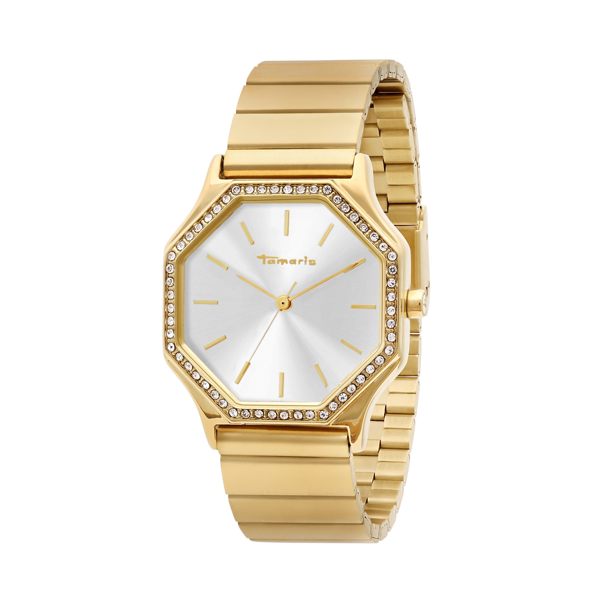 Die Tamaris Armbanduhr - Sparkling Octavia verfügt über ein goldenes sechseckiges Zifferblatt, funkelnde Zirkoniasteine und ein elegantes Edelstahlarmband. Präsentiert auf Weiß, ist diese Tamaris Damenuhr perfekt für jeden Anlass.