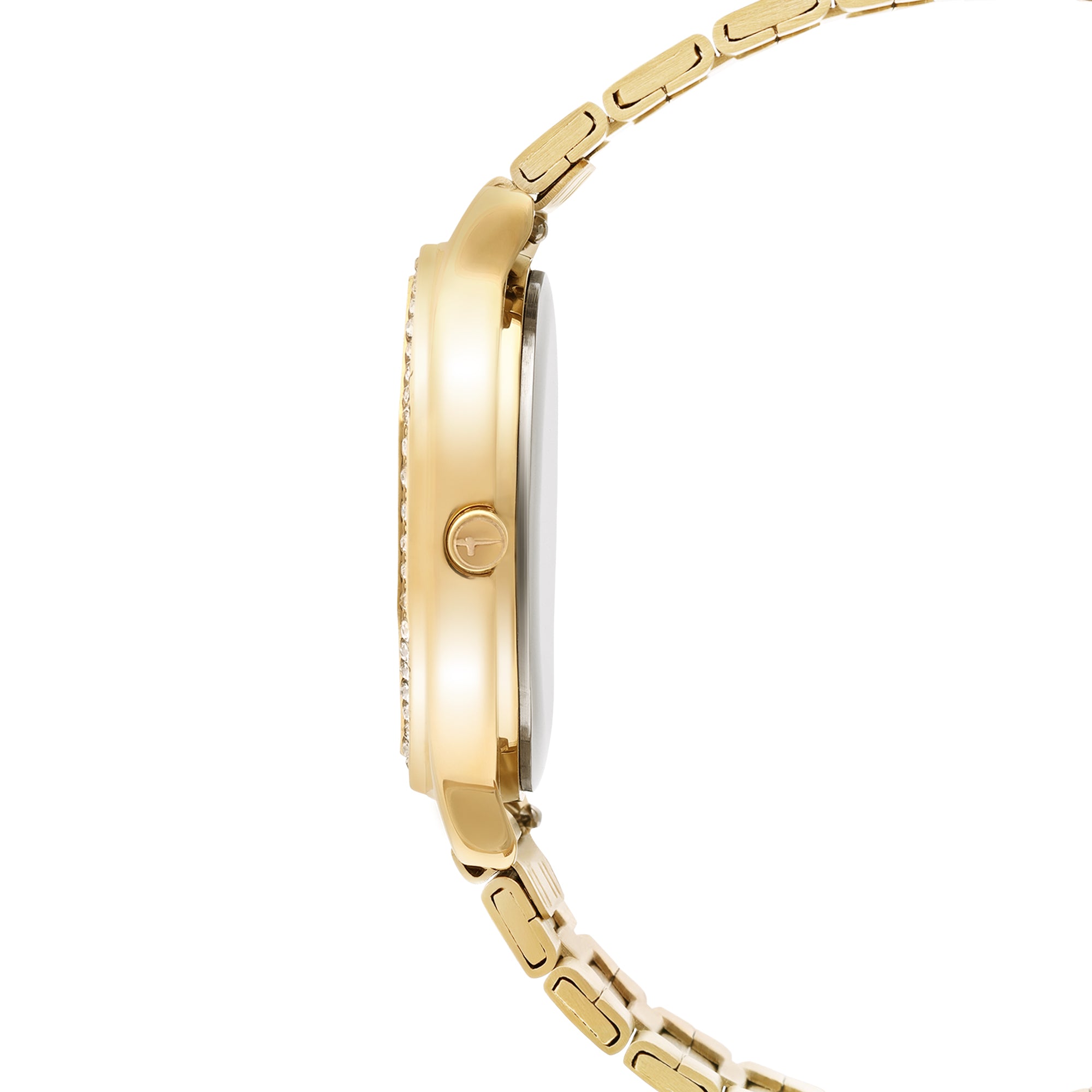 Seitenansicht einer Tamaris Armbanduhr - Sparkling Octavia von Tamaris mit Edelstahlarmband, goldenem Finish und elegantem Design, dargestellt vor einem schlichten weißen Hintergrund.