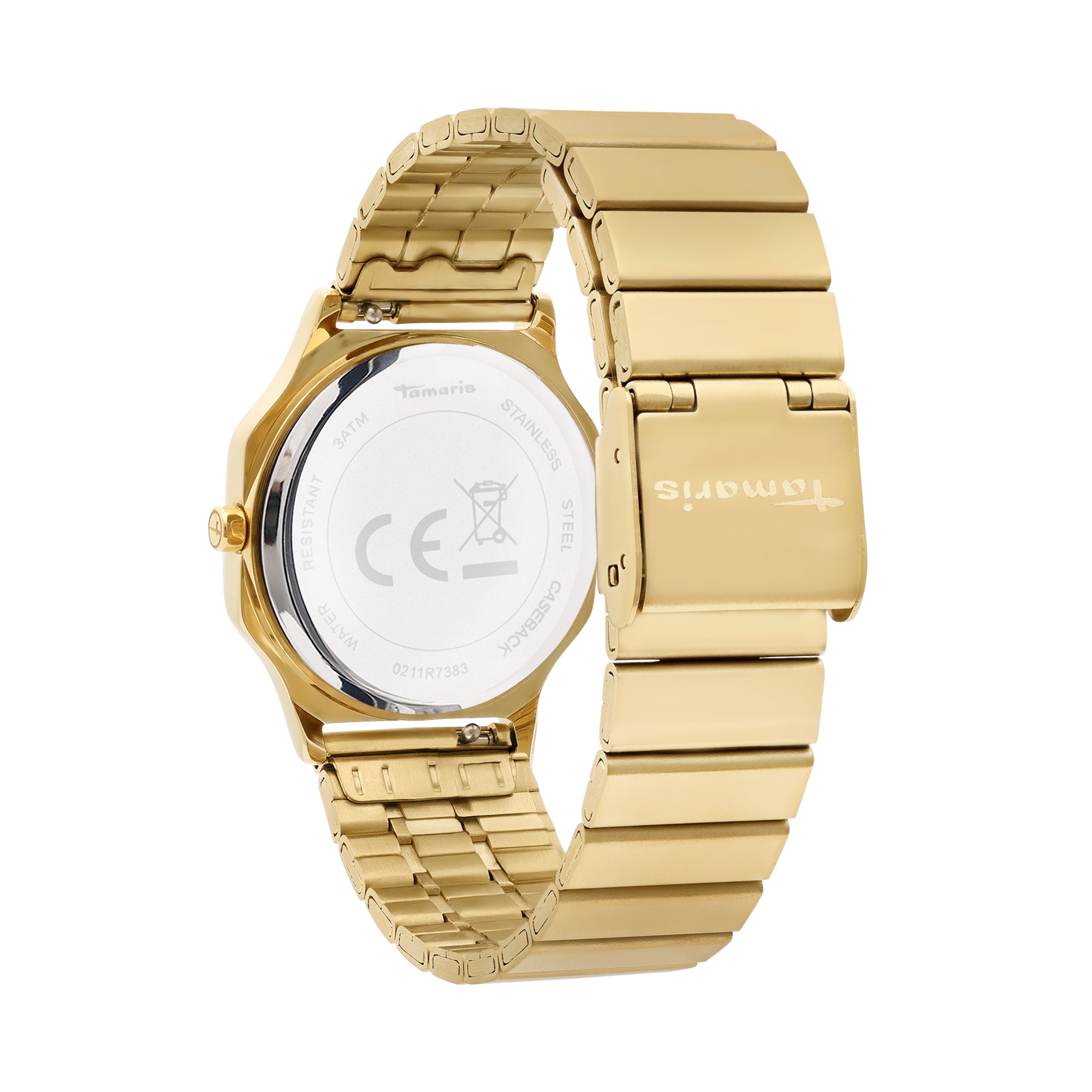 Die Tamaris Armbanduhr - Sparkling Octavia zeichnet sich durch ein goldenes Design mit Edelstahlarmband aus, das von hinten gezeigt wird, um die Schließe und die Gehäusemarkierungen zu zeigen.