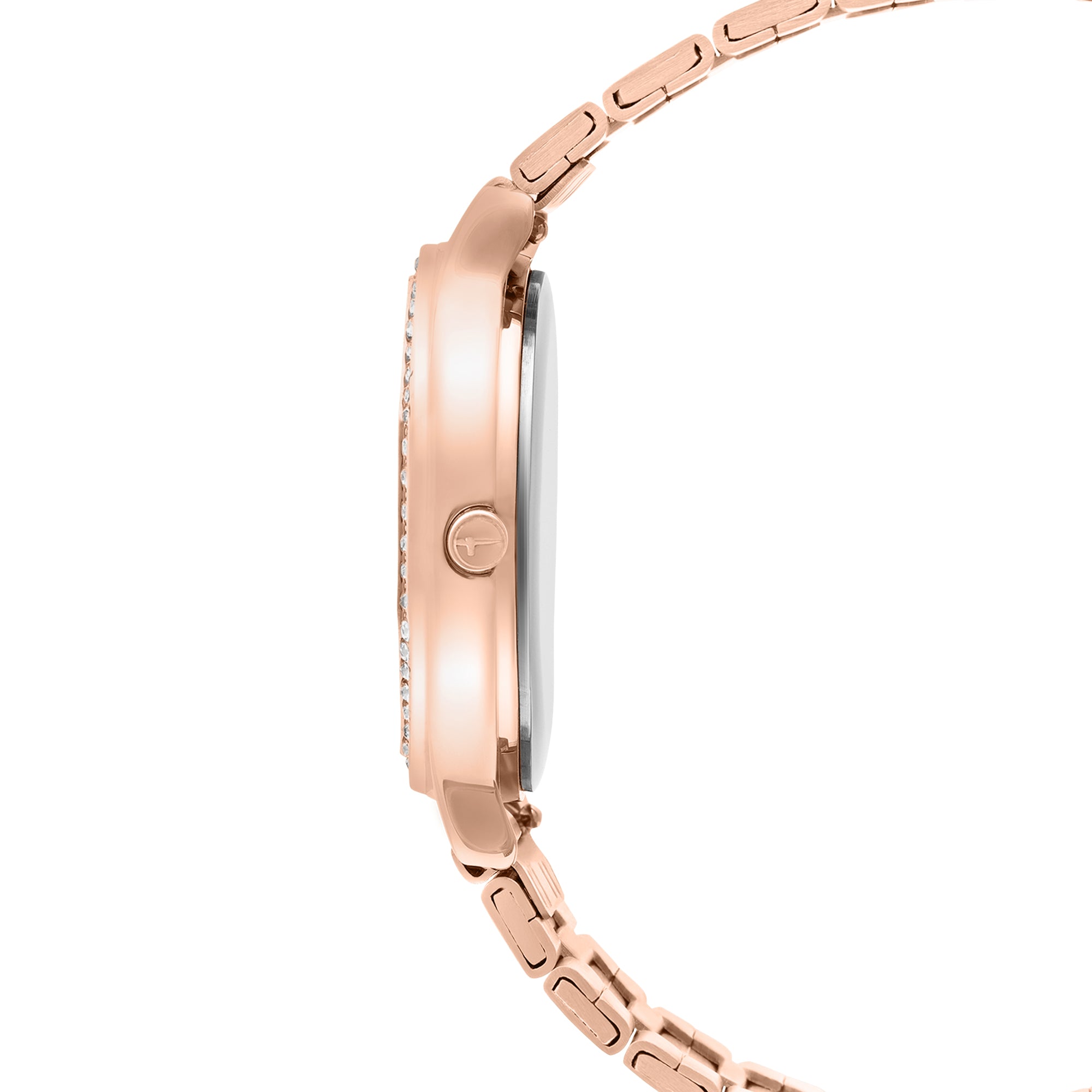 Seitenansicht der Tamaris Armbanduhr - Sparkling Octavia, einer Tamaris Uhr mit rundem Gehäuse aus Roségold, Edelstahlarmband und funkelnden Zirkoniasteinen auf weißem Hintergrund.