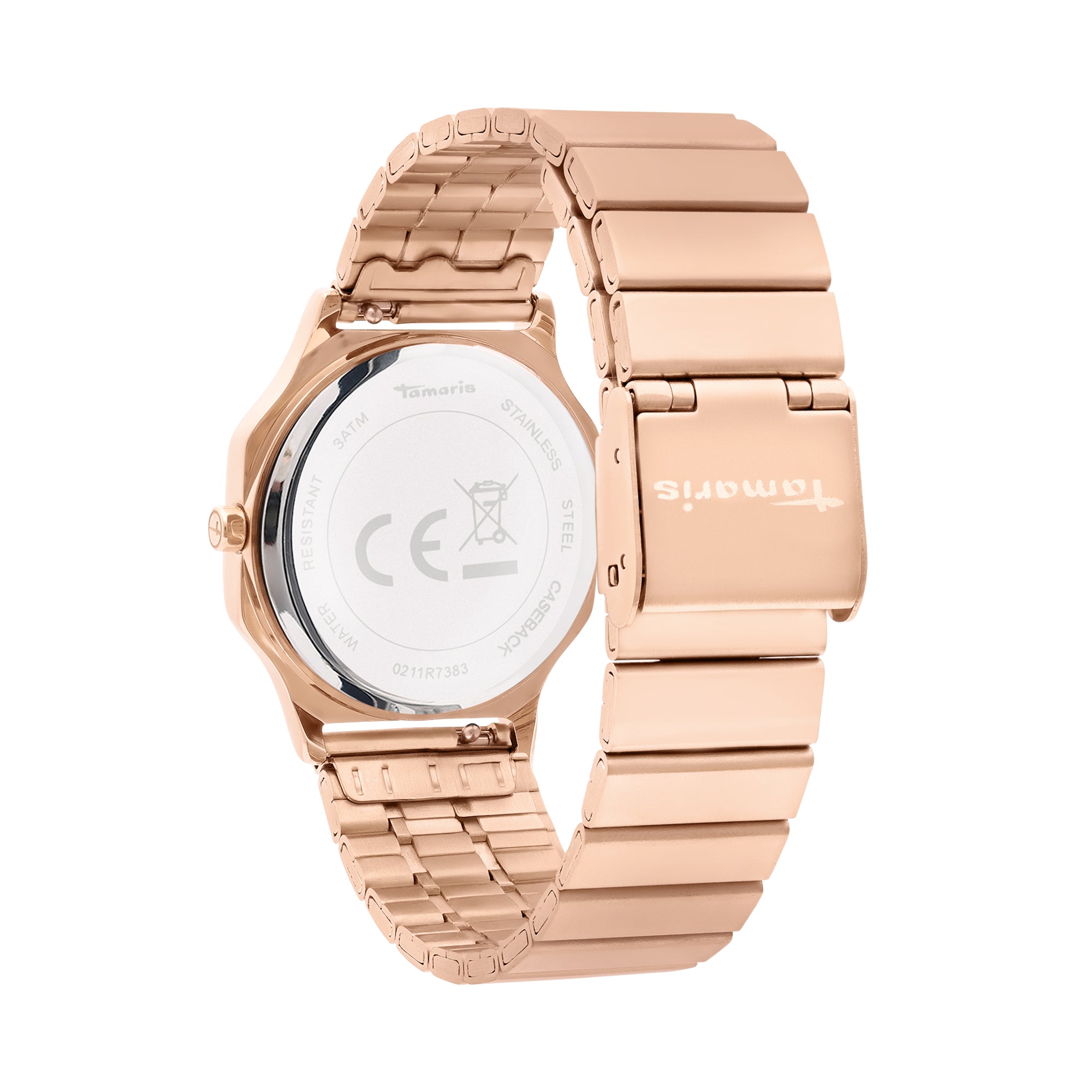 Tamaris Armbanduhr in Roségold - Die funkelnde Octavia von hinten gesehen, mit Edelstahlarmbandschließe und eingravierten Gehäusemarkierungen.