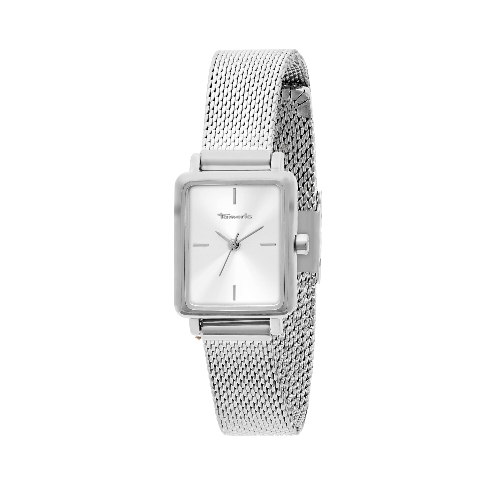 Minimalistische Eleganz: Die Tamaris Armbanduhr - Tiny Watch begeistert mit silbernem Mesharmband und quadratischem weißen Zifferblatt im zeitlosen Design.