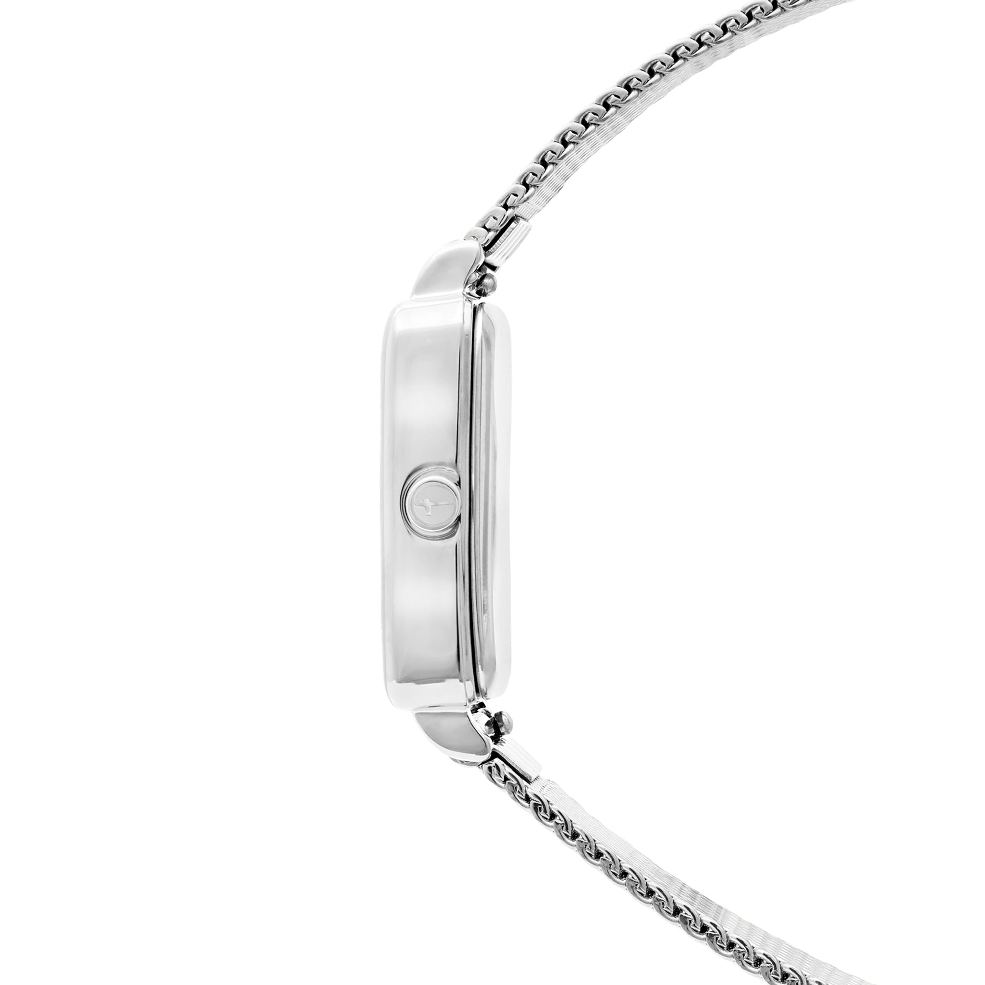 Seitenansicht der silbernen Tamaris Armbanduhr - Tiny Watch von Tamaris mit Netzarmband und runder Krone auf dem Gehäuse, die ihre minimalistische Eleganz unterstreicht.