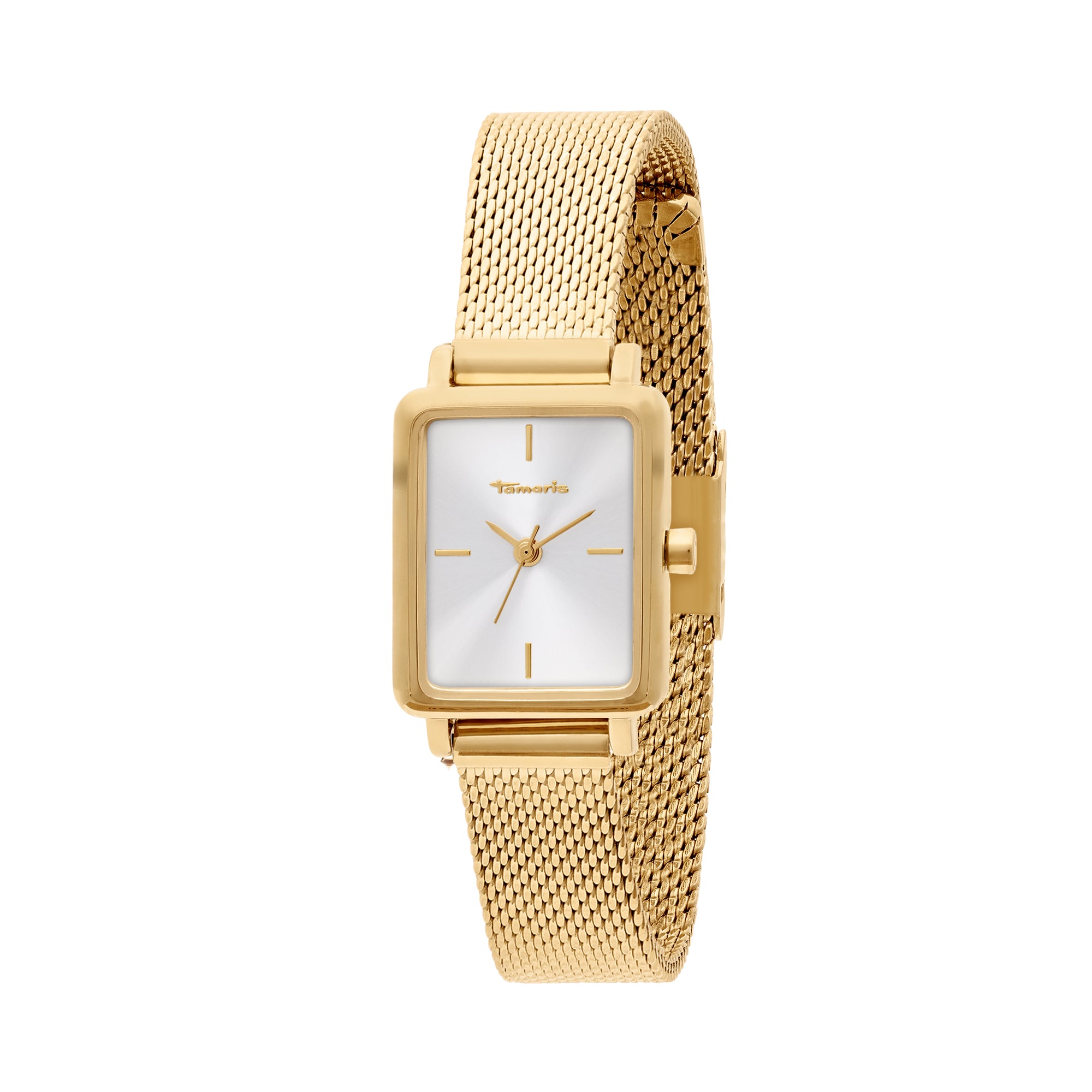 Die Tamaris Armbanduhr - Tiny Watch besticht durch ihr goldenes, quadratisches Gehäuse, ein weißes Zifferblatt und ein elegantes Edelstahl-Mesharmband - minimalistische Eleganz von Tamaris.