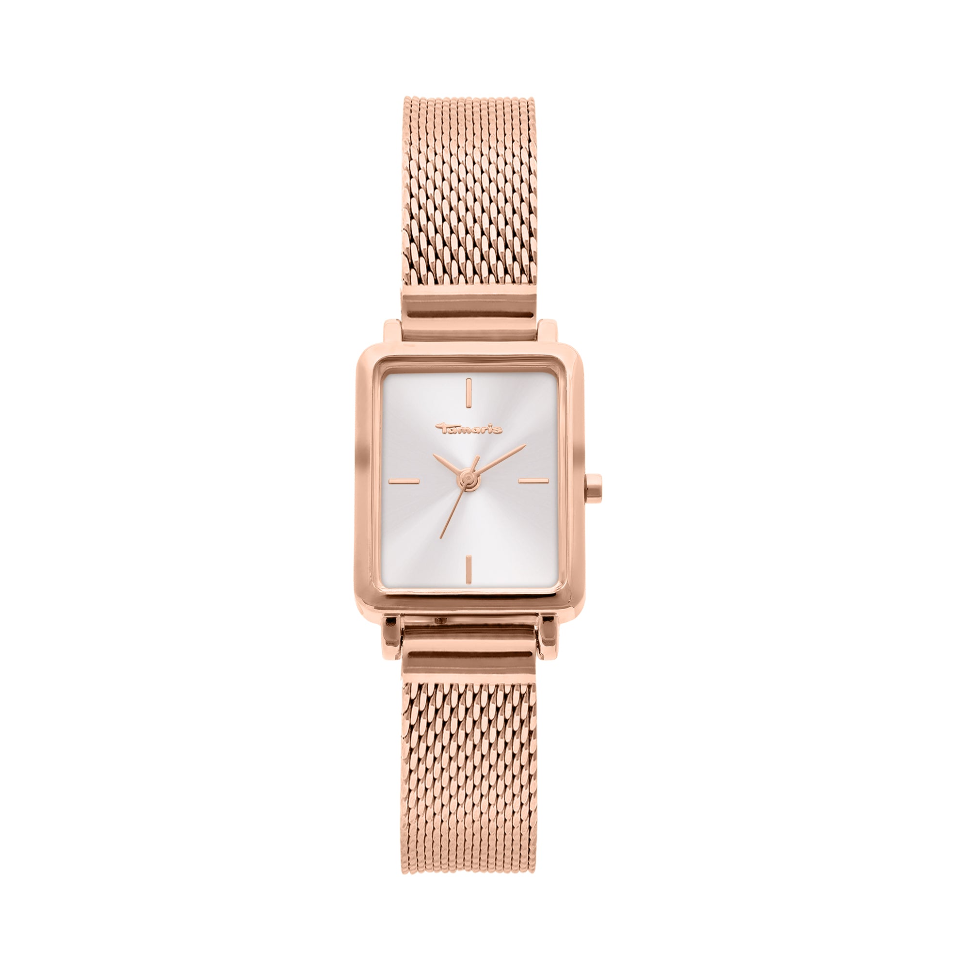 Die Tamaris Armbanduhr - Tiny Watch kombiniert roségoldenes Mesharmband mit minimalistischem Design: ein quadratisches Zifferblatt hebt sich elegant auf weißem Hintergrund ab.