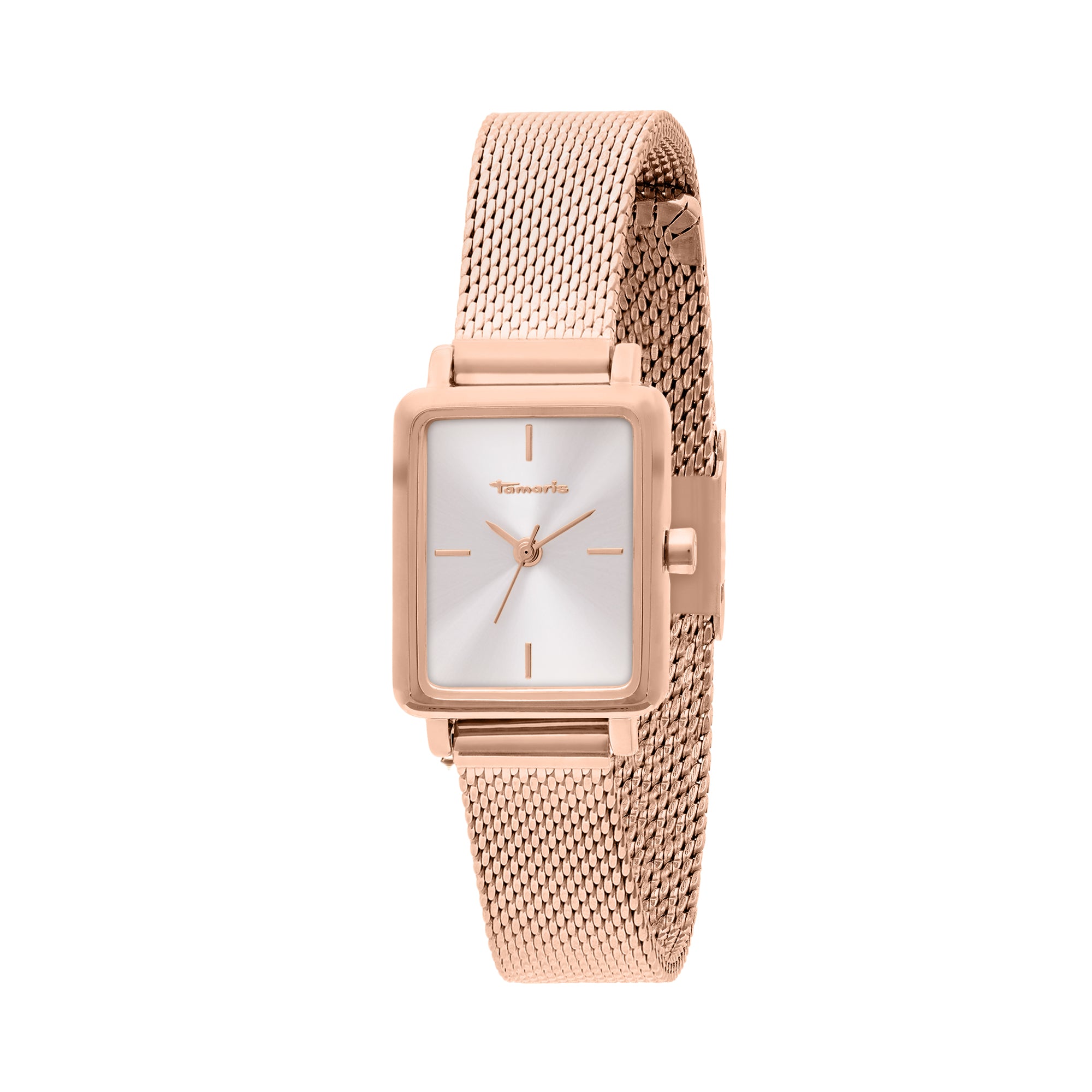Die Tamaris Tiny Watch ist eine roségoldene, quadratische Damenuhr mit Netzarmband und minimalistischem, weißem Zifferblatt, die elegante Schlichtheit ausstrahlt.
