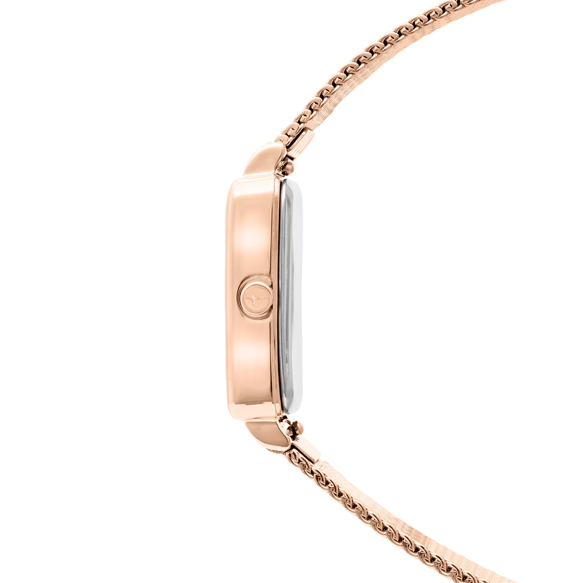 Seitenansicht der Tamaris Armbanduhr - Tiny Watch von Tamaris in Roségold, die mit ihrem schlanken Gehäuse und dem schicken Mesharmband minimalistische Eleganz ausstrahlt.