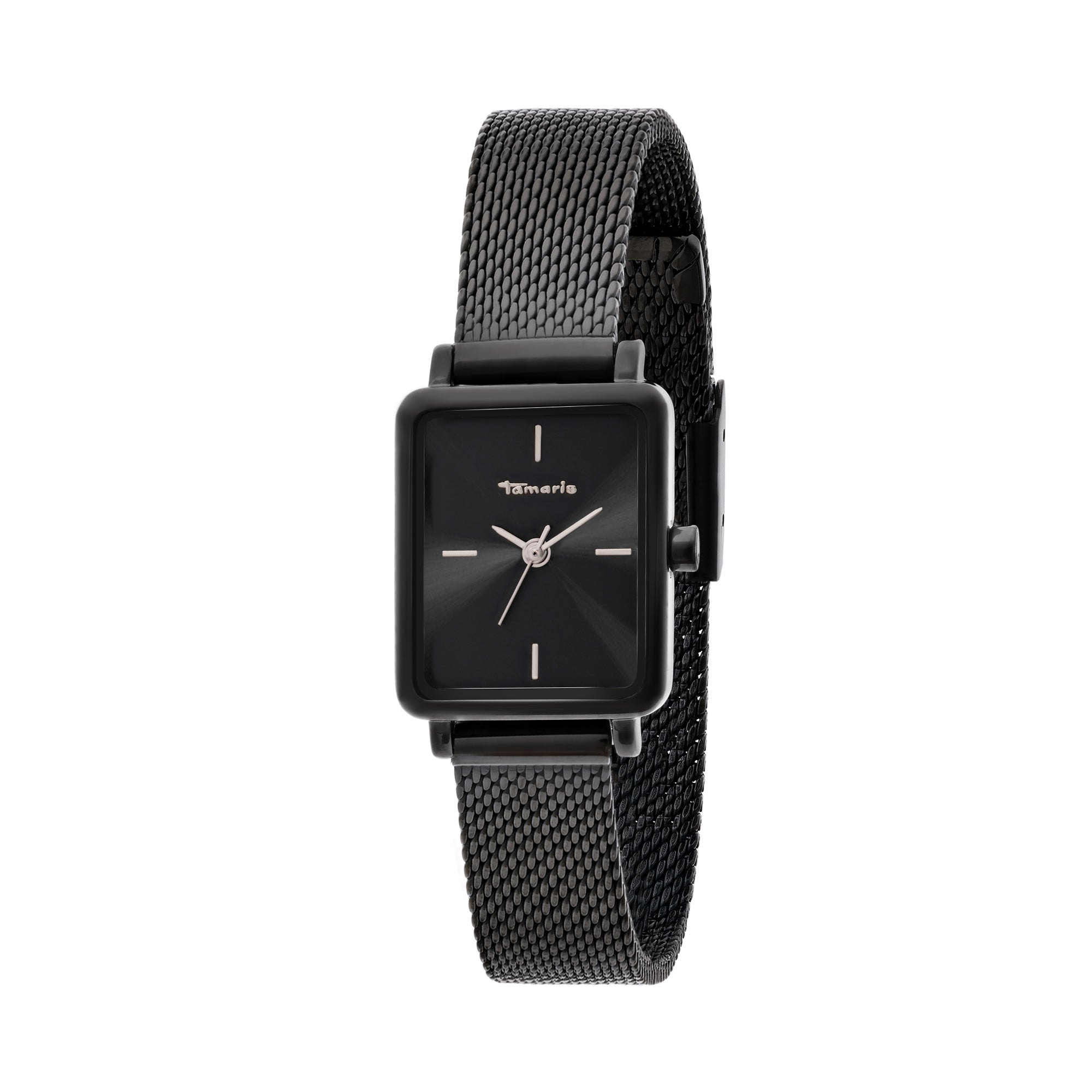 Die Tamaris Armbanduhr - Tiny Watch besticht durch ihr schwarzes, rechteckiges Design mit Mesharmband und minimalistischem Zifferblatt - perfekt für schlichte Eleganz am Handgelenk.