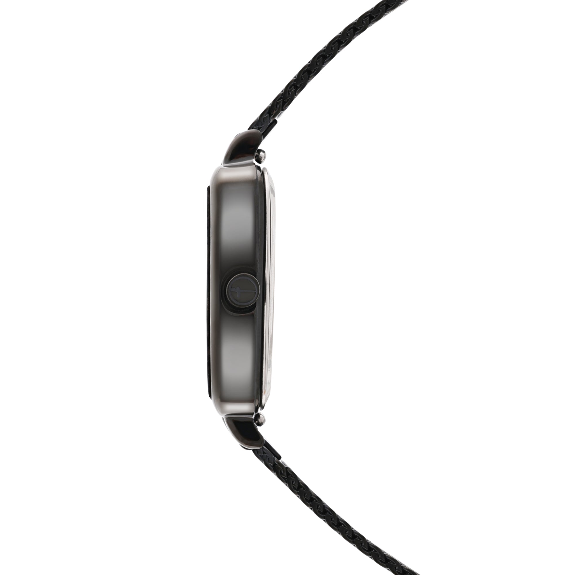 Seitenansicht der Tamaris Armbanduhr - Tiny Watch von Tamaris in minimalistischer Eleganz mit schwarzem Gehäuse und feinem Mesh-Armband, isoliert auf weißem Hintergrund.