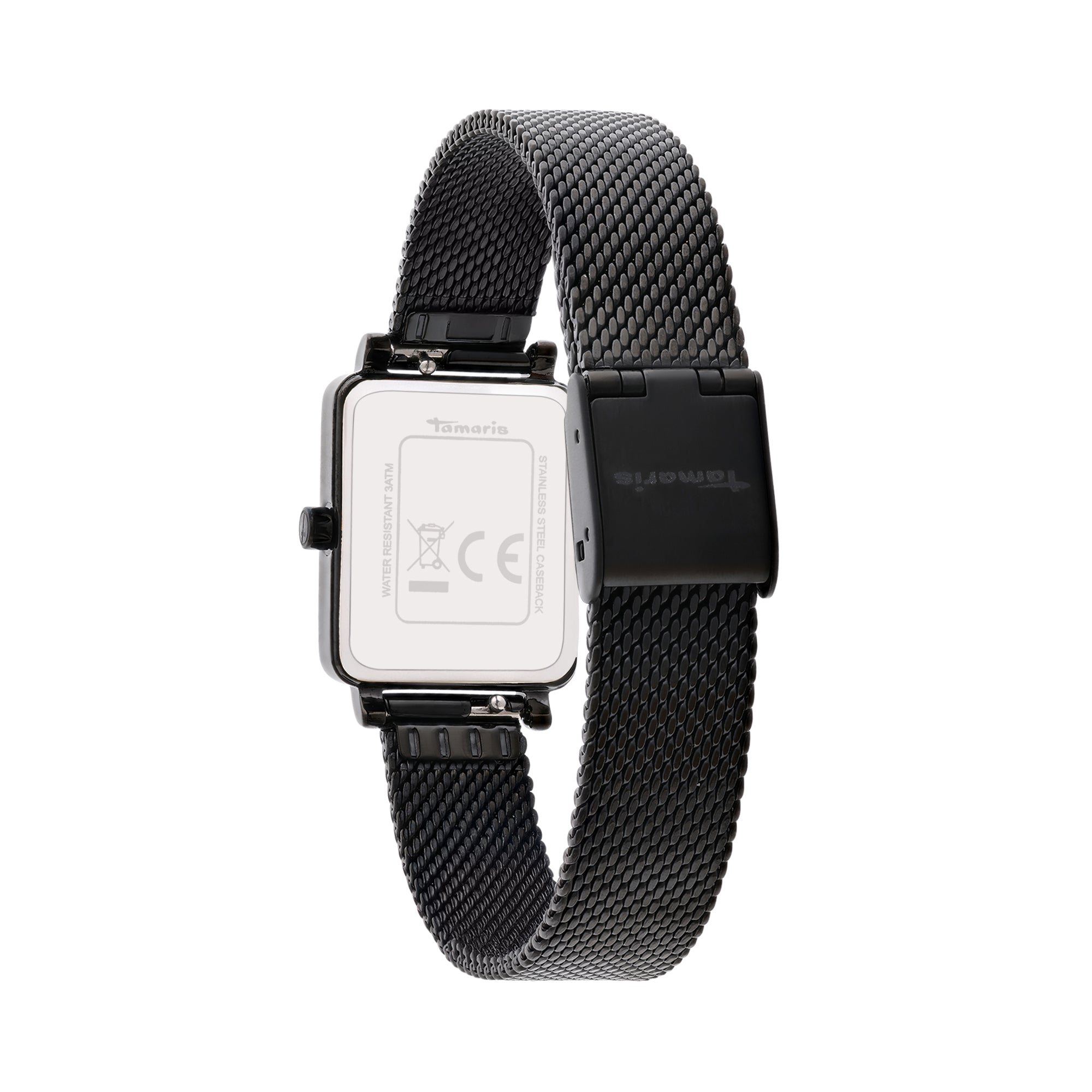 Die Tamaris Armbanduhr - Tiny Watch zeigt sich von hinten mit Mesharmband, sichtbarer Schließe und Gehäusegravur - minimalistische Eleganz, wie von einer Tamaris Damenuhr bekannt.