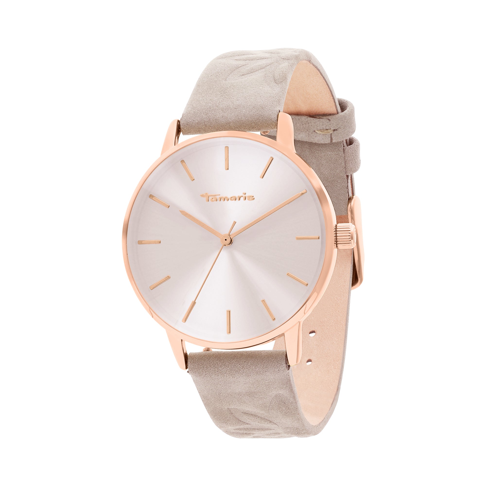 Die Tamaris Armbanduhr - Stamped Flowers von Tamaris ist eine gold-silberne Analoguhr mit beigefarbenem Lederarmband, minimalistischem Zifferblatt und elegantem, geprägtem Blumendesign.