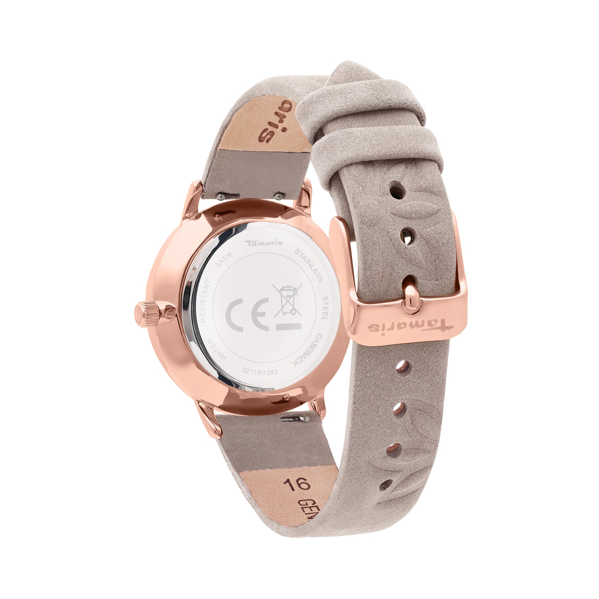 Die Tamaris Armbanduhr - Stamped Flowers ist in Roségold gehalten und hat ein hellbeiges Velourslederband, das mit dem hinteren Gehäuse und der eleganten Schließe gezeigt wird.