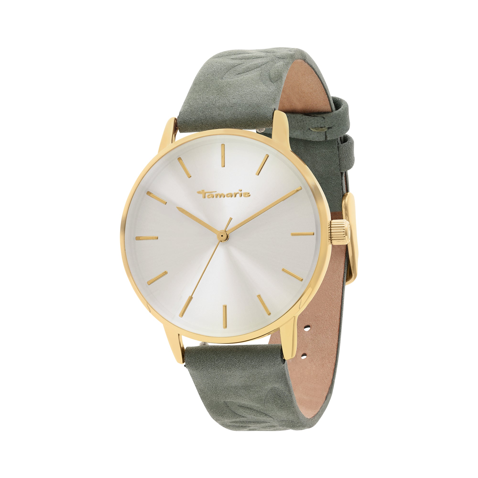 Die Tamaris Armbanduhr - Stamped Flowers hat ein goldenes Gehäuse, ein weißes Zifferblatt, ein grünes Wildlederarmband und minimale goldene Markierungen und Zeiger - eine stilvolle Tamaris-Uhr, die jedes Outfit aufwertet.