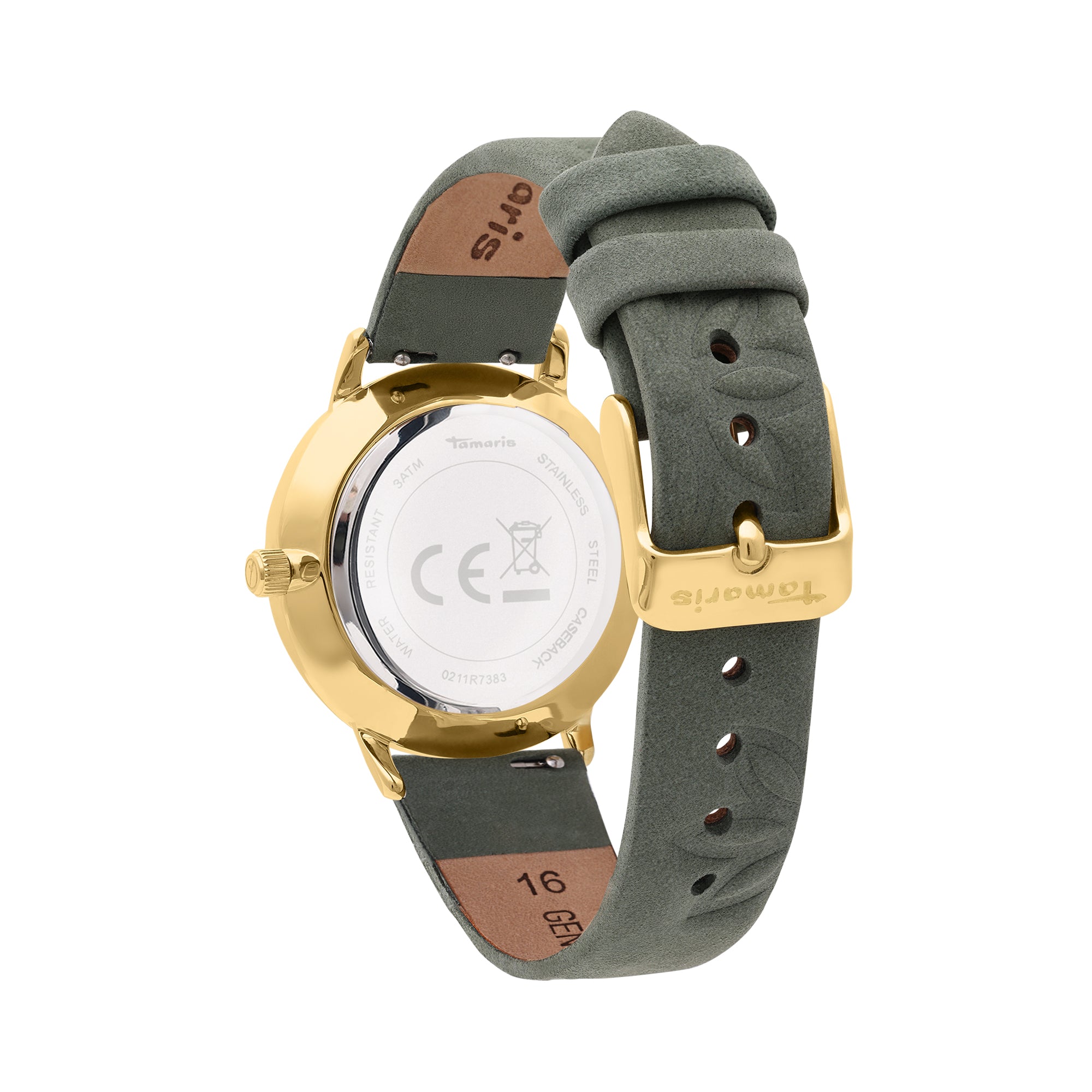 Goldfarbene Tamaris Armbanduhr - Geprägte Blumen mit grünem Lederarmband, mit dem hinteren Gehäuse und dem Tamaris Branding auf der Schnalle.