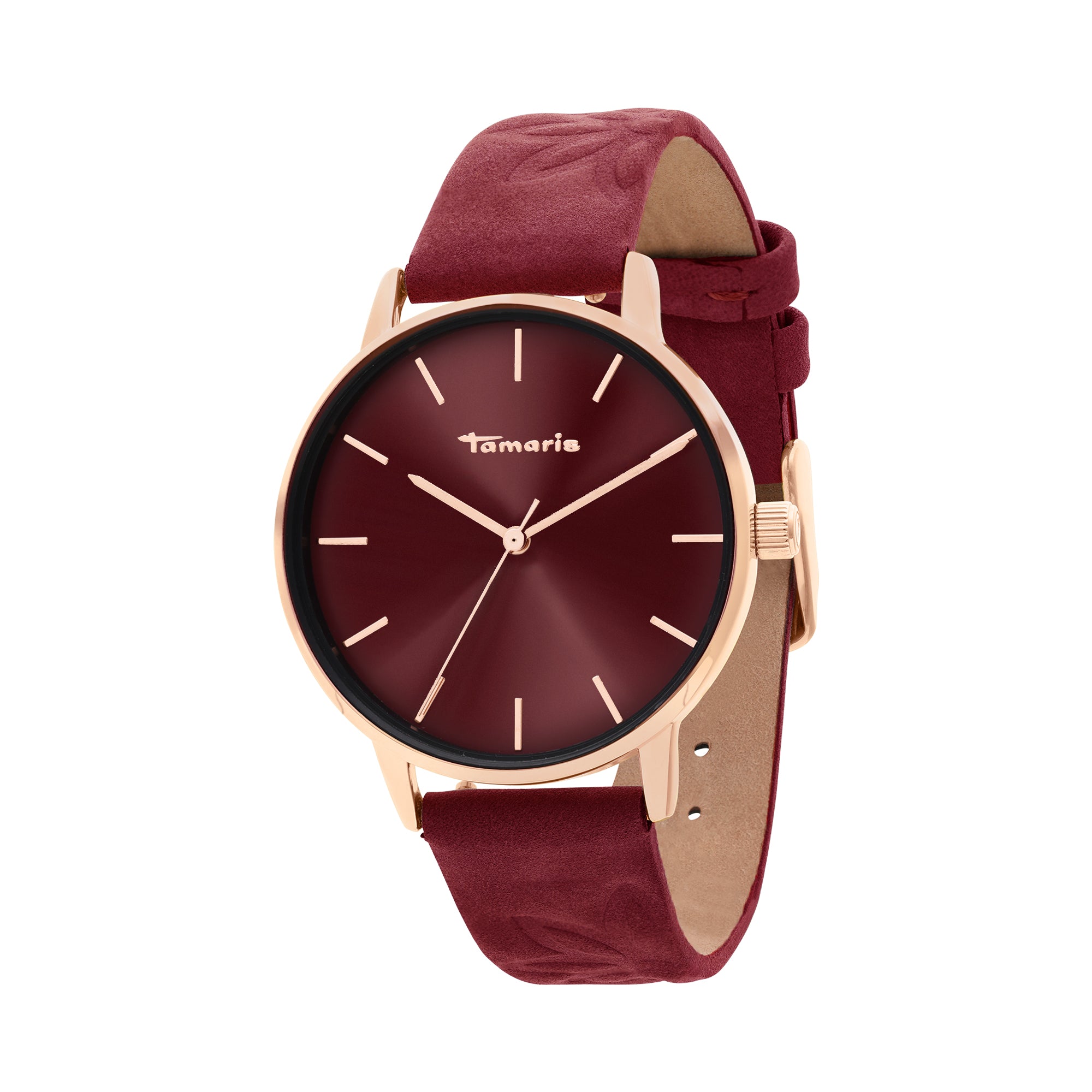 Die Tamaris Armbanduhr - Stamped Flowers von Tamaris hat ein kastanienbraunes, weiches Wildlederarmband, ein goldenes Gehäuse, ein minimalistisches Zifferblatt und ein passendes kastanienbraunes Design.