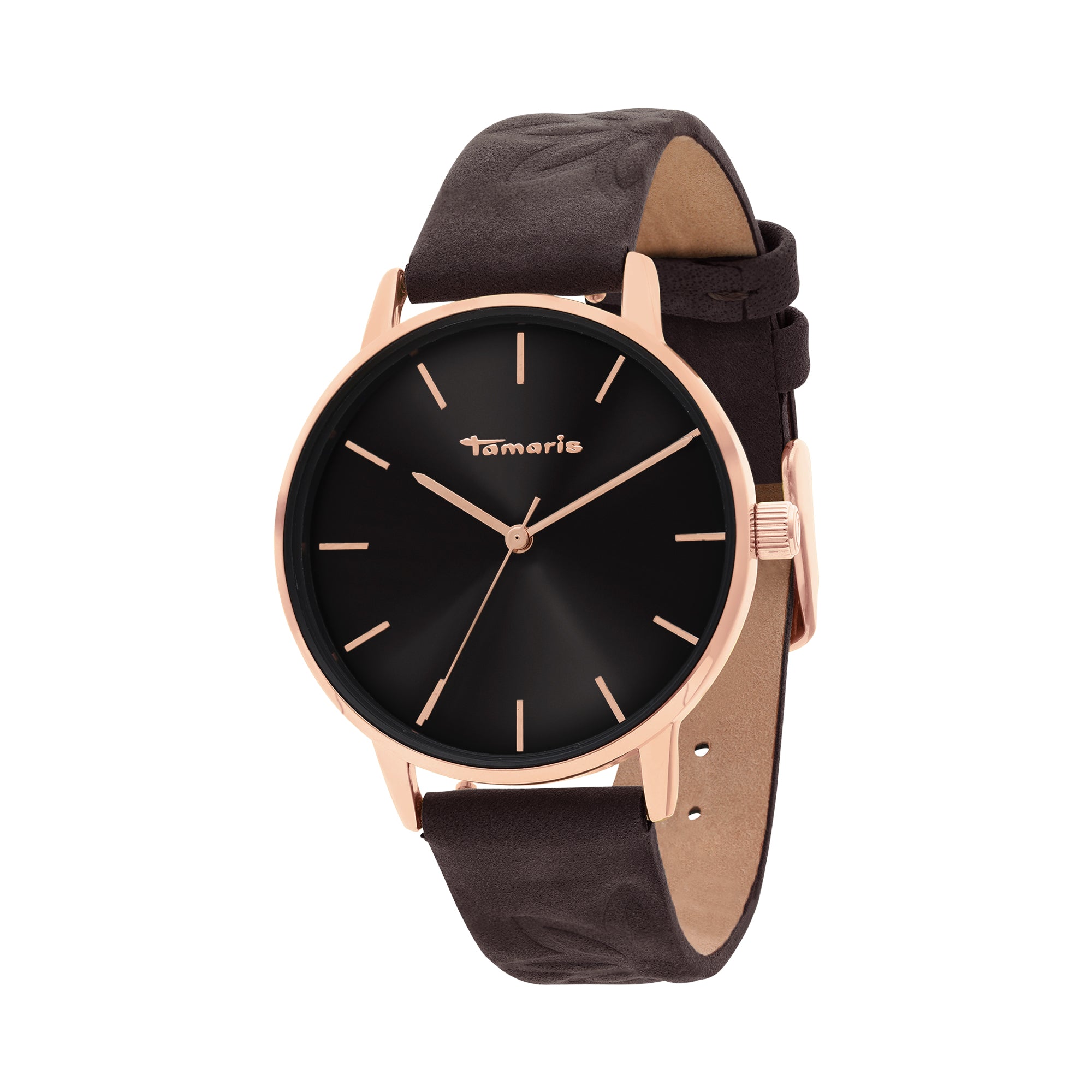 Die Tamaris Armbanduhr - Stamped Flowers ist eine stilvolle Damenuhr mit schwarzem Zifferblatt, goldenem Gehäuse und dunkelbraunem Lederarmband - eine elegante Uhr von Tamaris, perfekt für jeden Anlass.