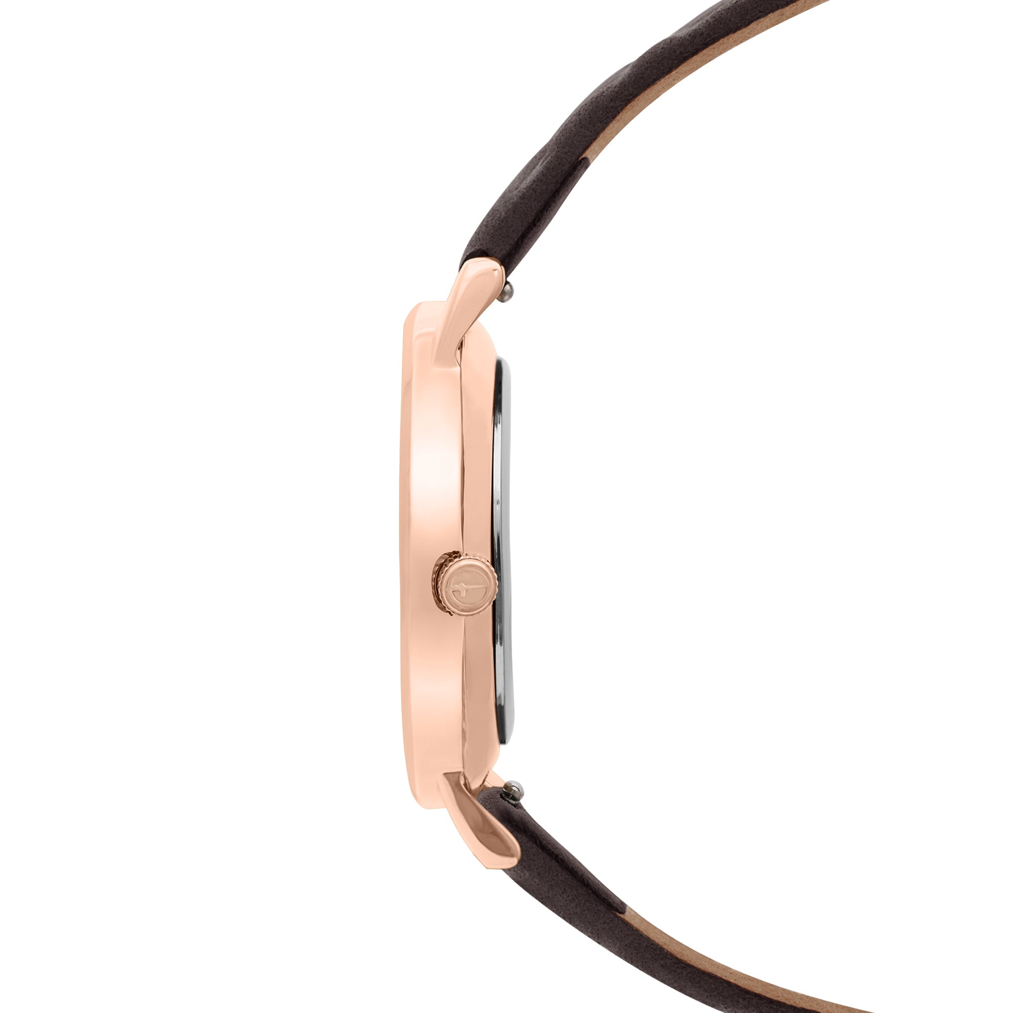 Seitenansicht der Tamaris Armbanduhr - Stamped Flowers: eine stilvolle Damenuhr mit roségoldenem Gehäuse, braunem Lederarmband und schmalem Profil - perfekt für jeden eleganten Look.