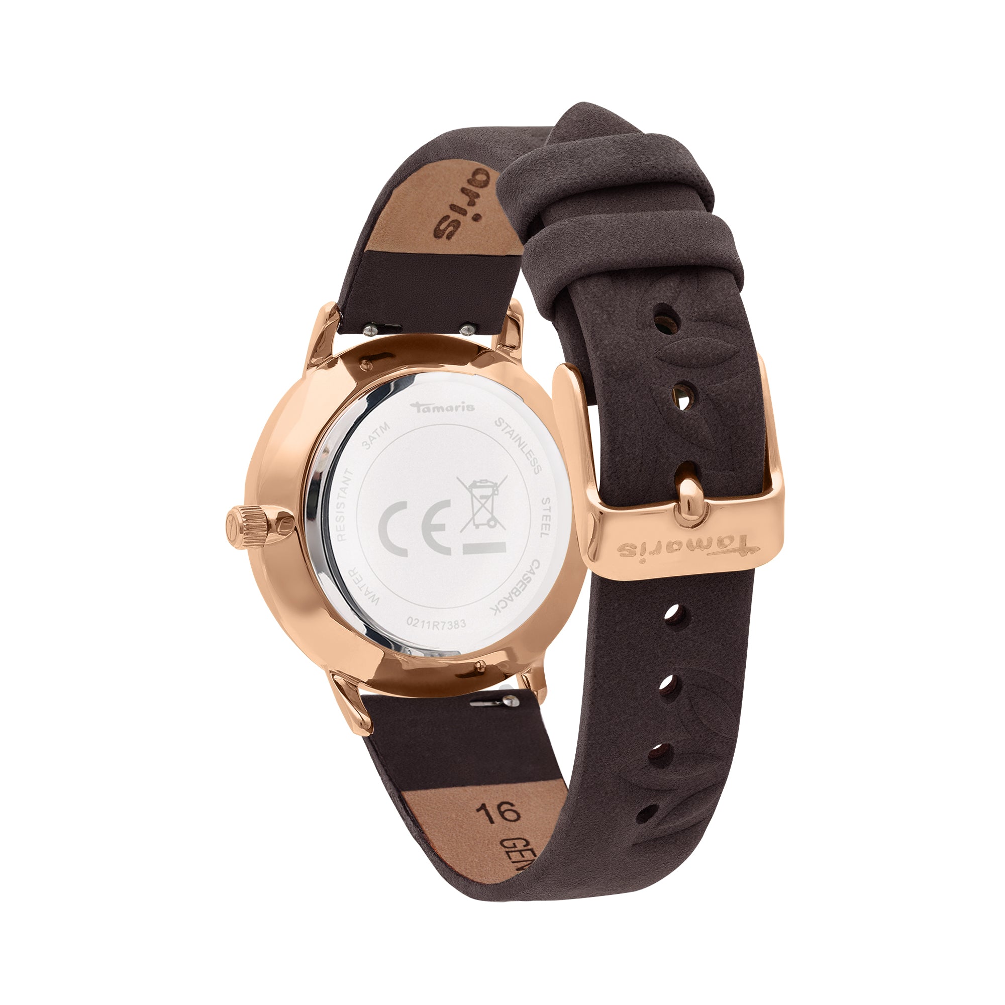 Rückansicht einer eleganten Tamaris Armbanduhr - Stamped Flowers: goldfarbenes Gehäuse, braunes Lederarmband und gravierte Details auf der Schließe.