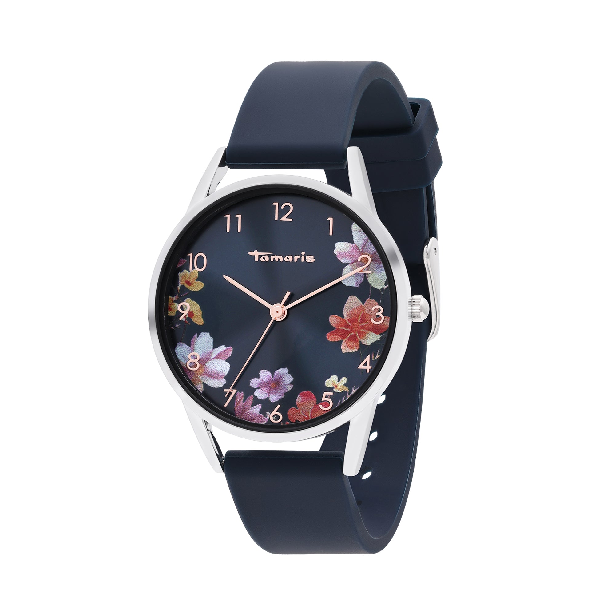 Die Tamaris Armbanduhr - Sporty Flowers besticht durch ihr marineblaues Design mit floralem Zifferblatt, silbernem Gehäuse und roségoldenen Zeigern und Zahlen, ergänzt durch ein sportliches Silikonband.