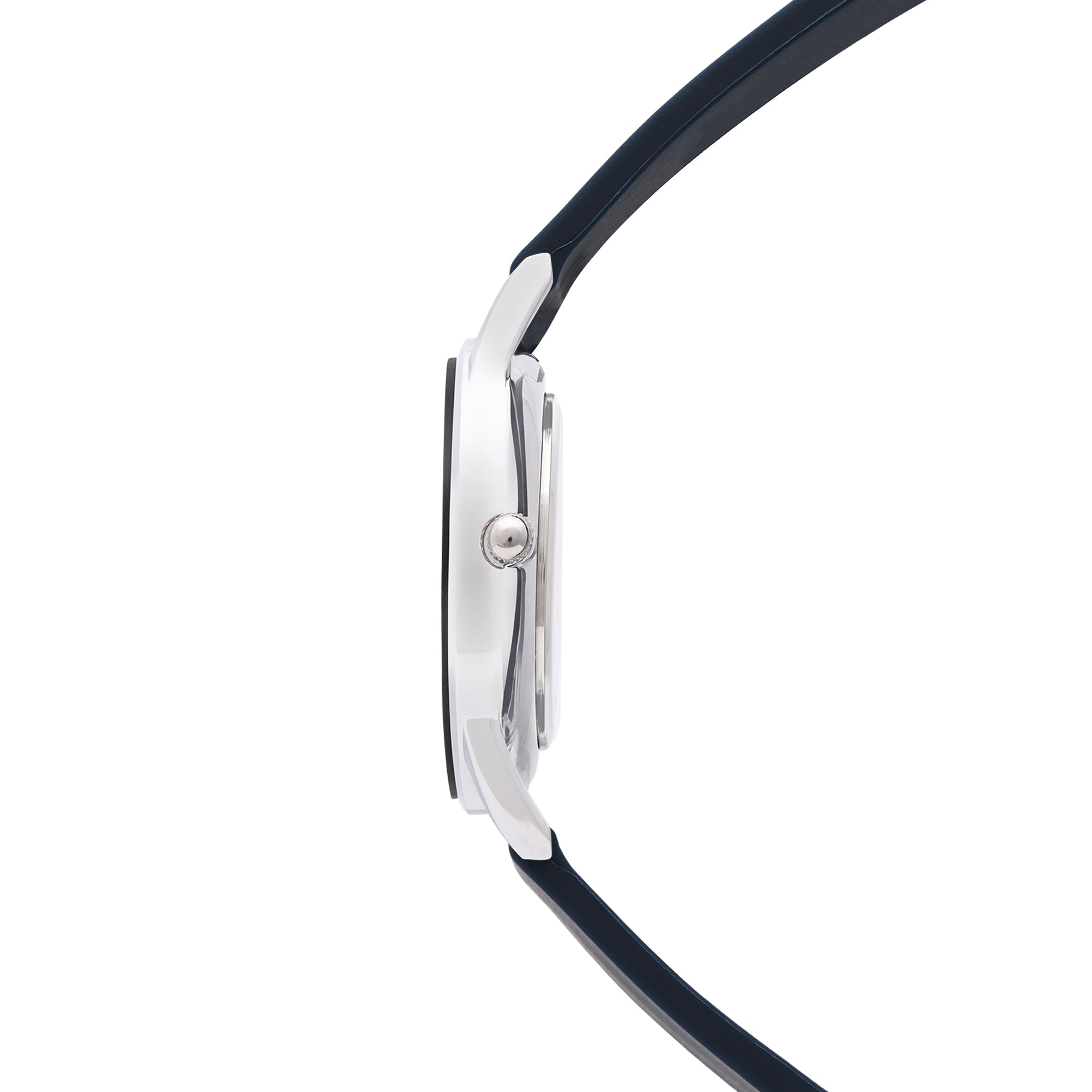 Seitenansicht der Tamaris Armbanduhr - Sporty Flowers von Tamaris mit rundem, silbernem Gehäuse und sportlichem Silikonarmband, dargestellt auf weißem Hintergrund.