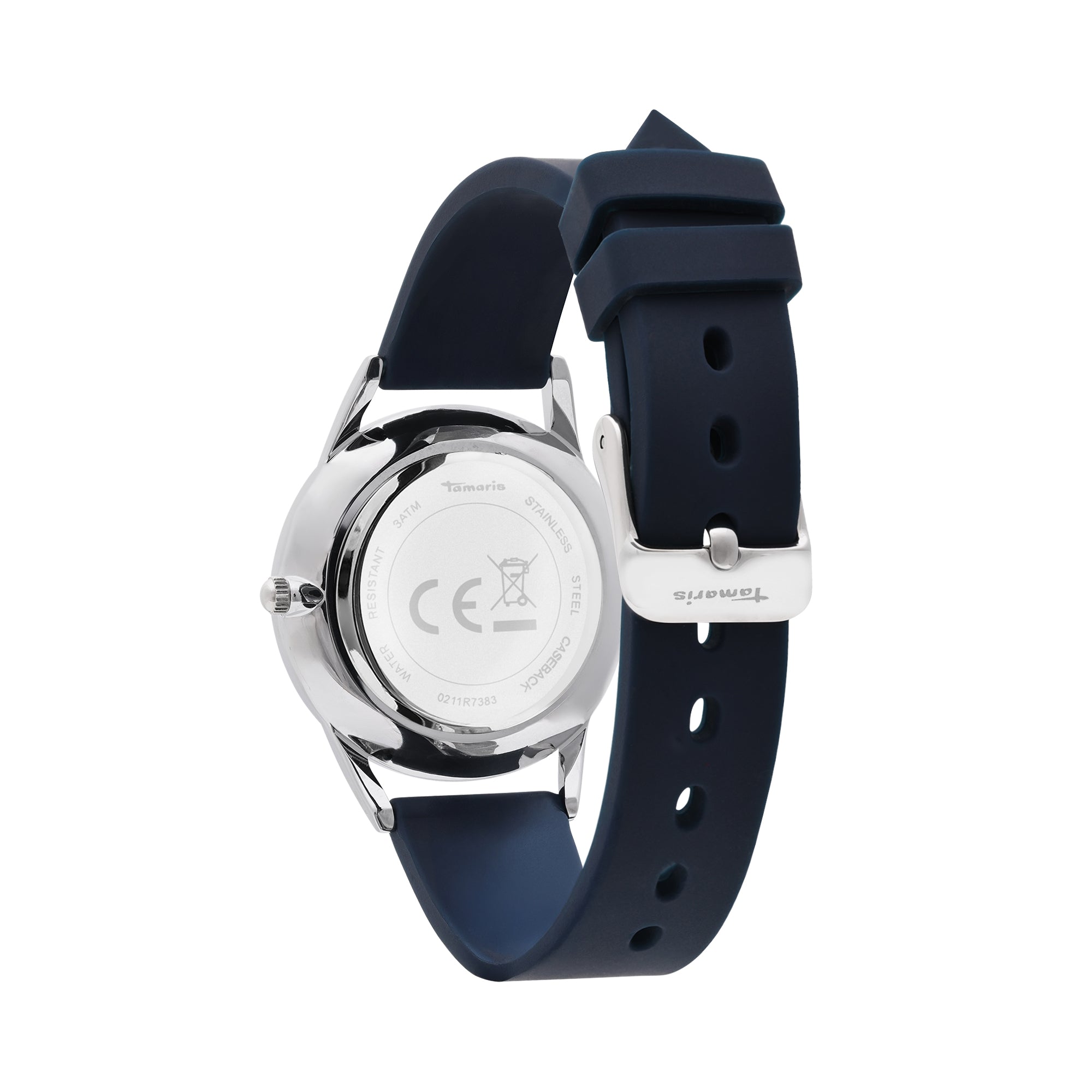 Rückansicht der Tamaris Armbanduhr - Sporty Flowers von Tamaris, mit marineblauem Silikonarmband, Edelstahlgehäuse und dezentem Blumenmotiv.