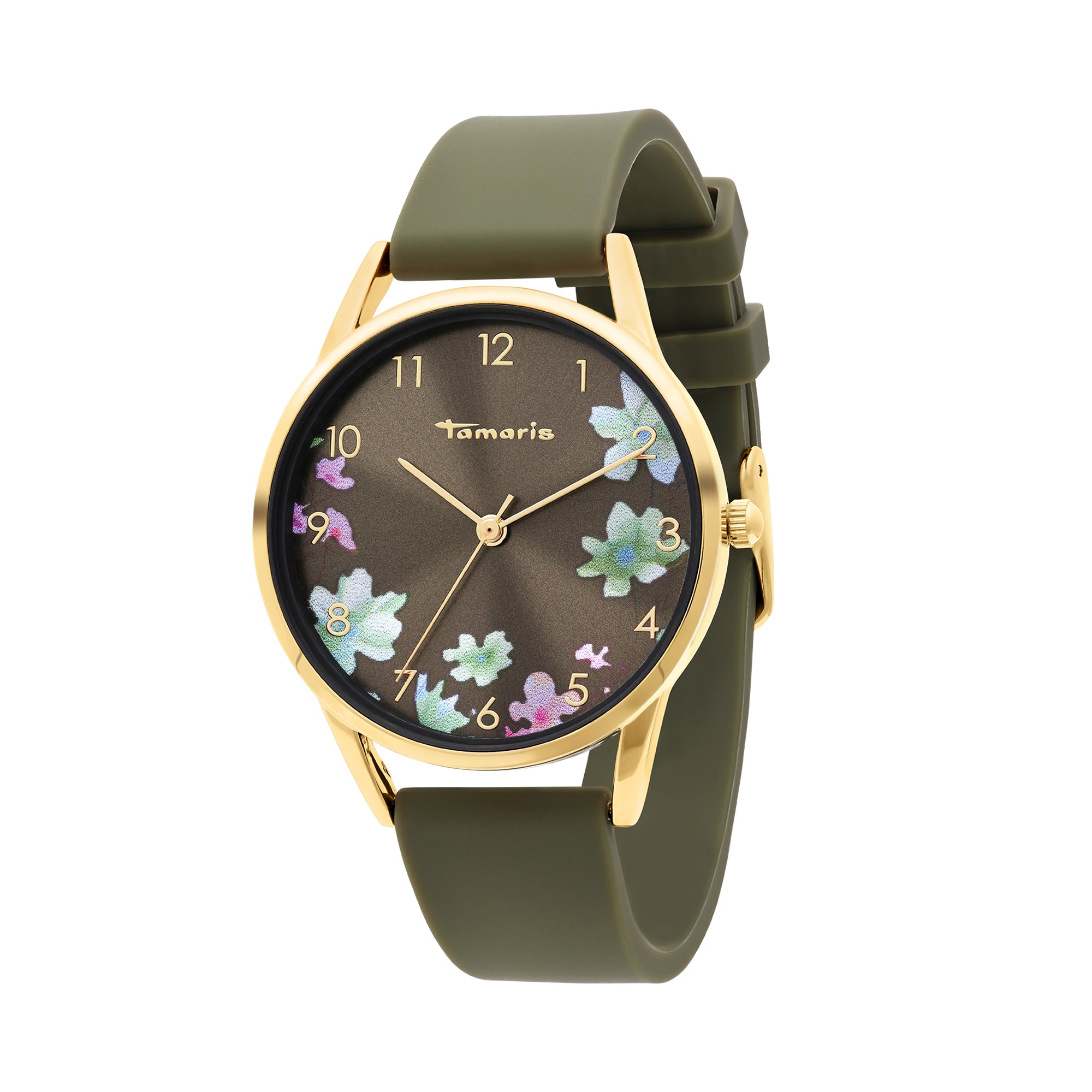Die Tamaris Armbanduhr - Sporty Flowers hat ein goldenes Gehäuse, ein olivgrünes Silikonarmband, ein braunes Zifferblatt mit pastellfarbenen Blumenmotiven und goldene Zahlen. Eine schicke Tamaris Damenuhr, perfekt für jeden Anlass.