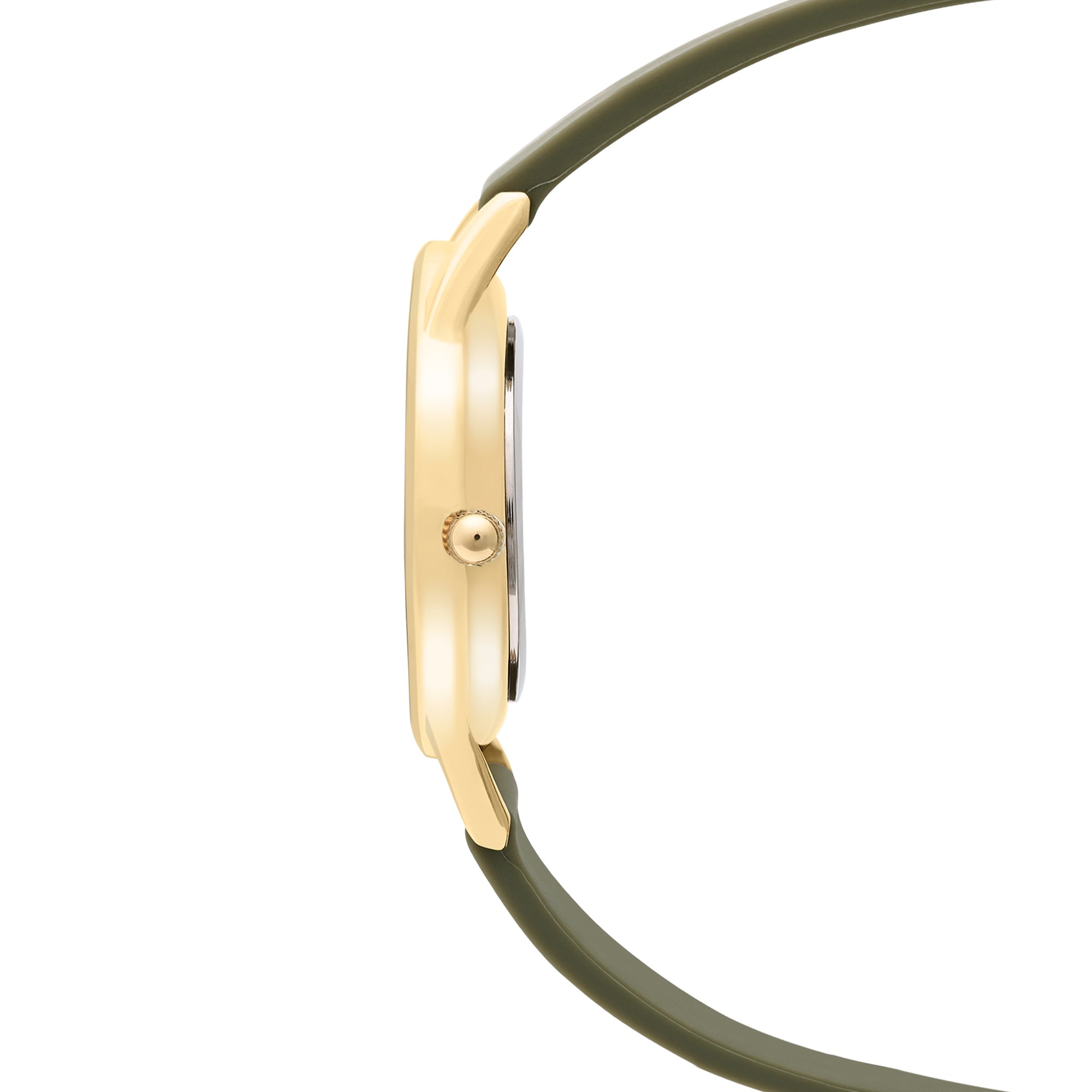 Seitenansicht der Tamaris Armbanduhr - Sporty Flowers von Tamaris mit goldenem Gehäuse, grünem Silikonarmband und einer Krone auf der rechten Seite.