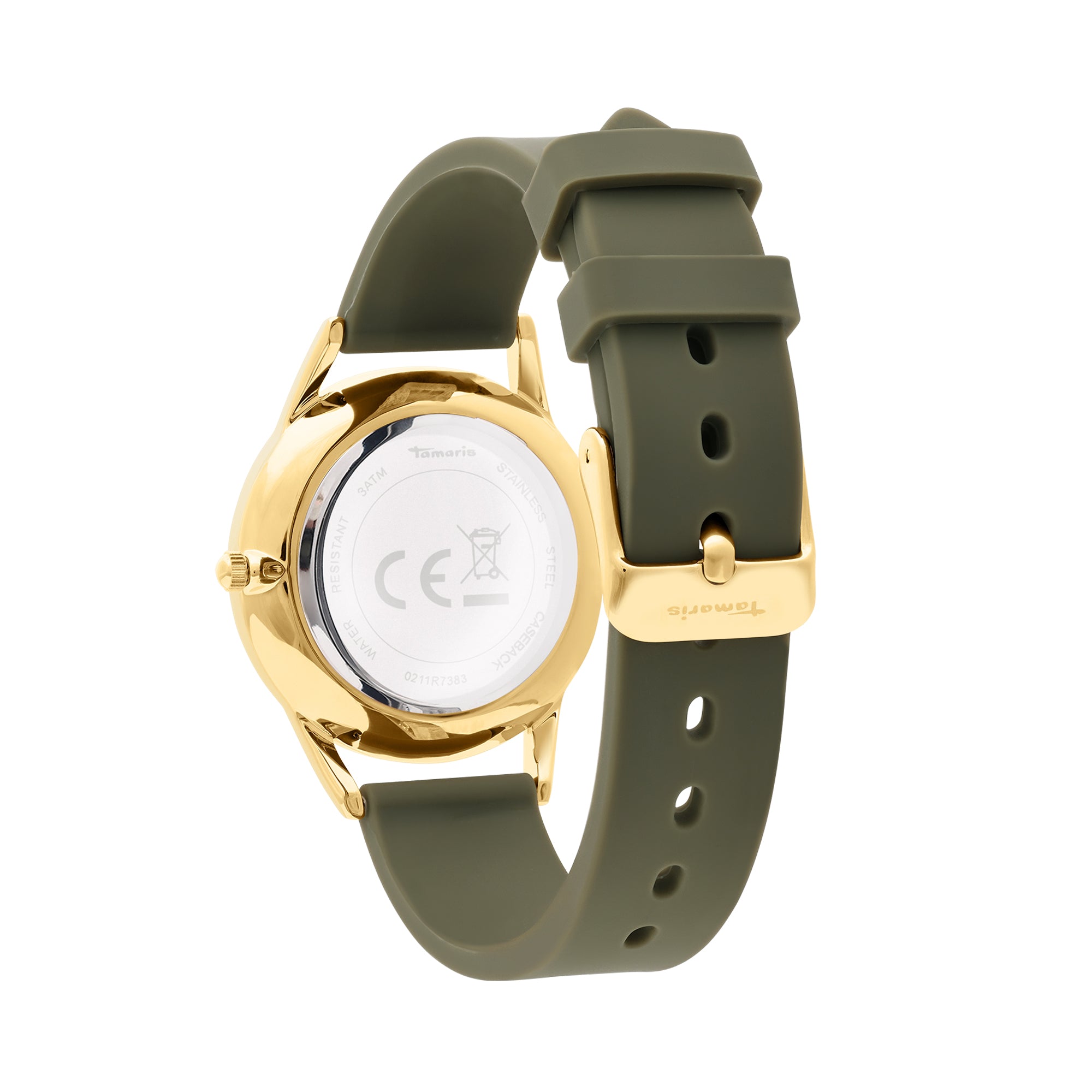 Die Tamaris Armbanduhr - Sporty Flowers, eine goldene Damenuhr von Tamaris mit grünem Silikonarmband, wird von hinten gezeigt, um ihr Gehäuse und ihre Schließe zu präsentieren.
