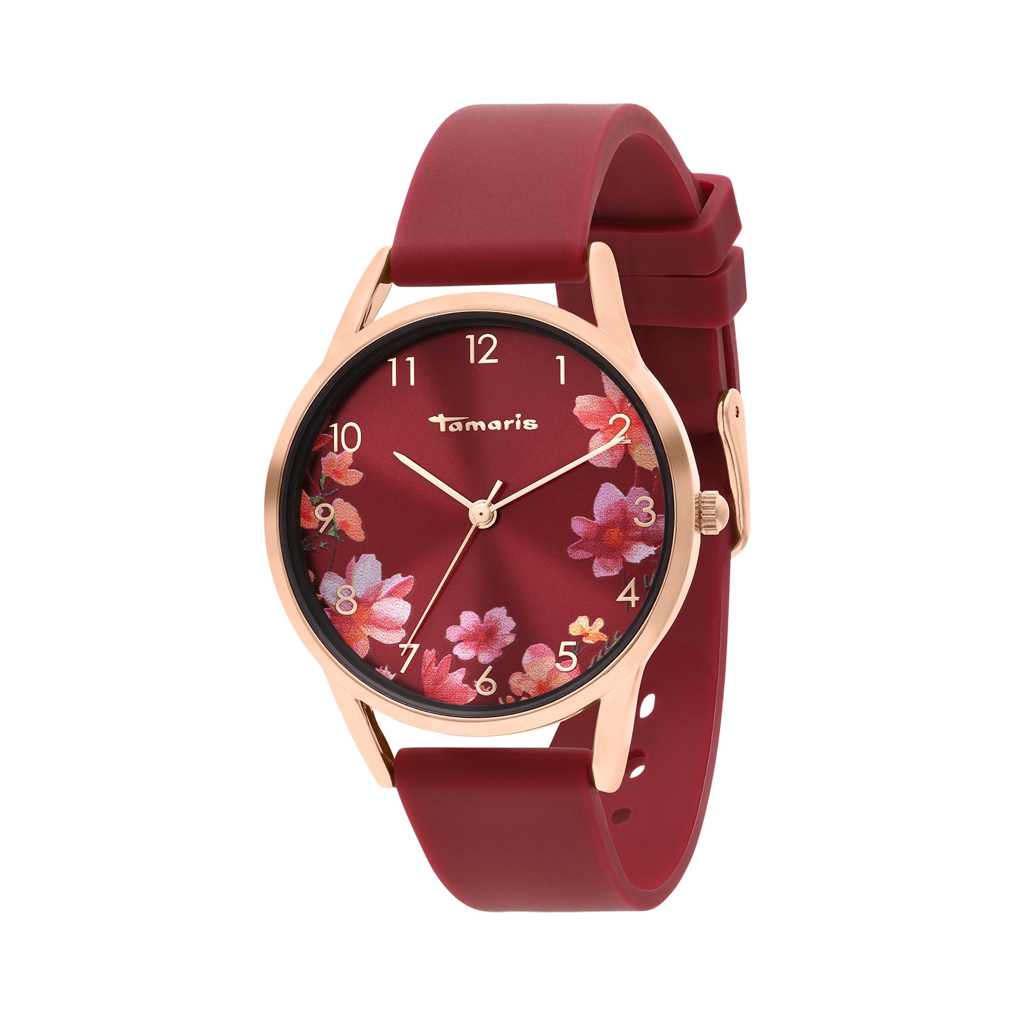Die Tamaris Armbanduhr - Sporty Flowers verfügt über ein charmantes Blumenzifferblatt, ein goldfarbenes Gehäuse und ein kastanienbraunes Silikonarmband - eine stilvolle Damenuhr von Tamaris.