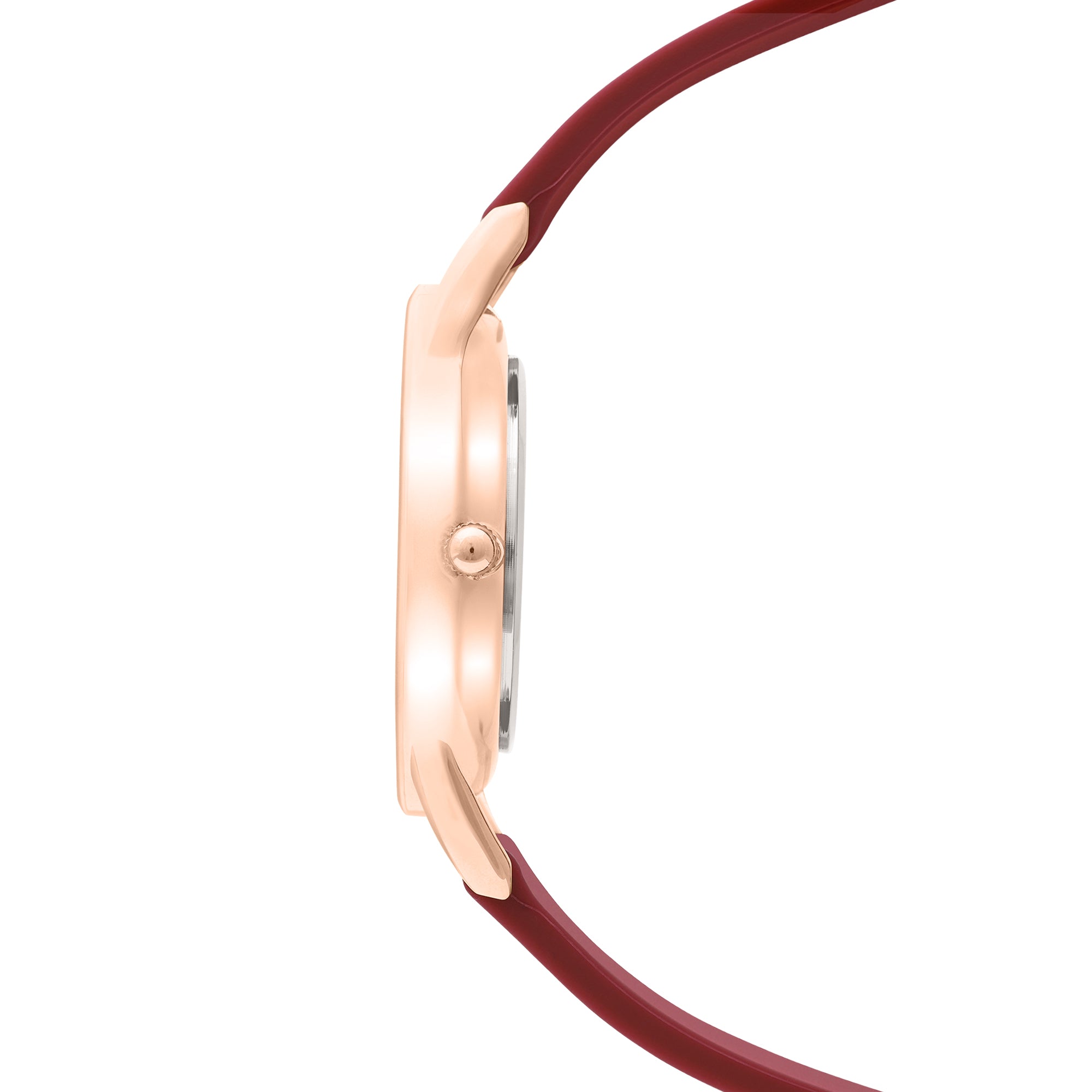 Seitenansicht einer Tamaris Armbanduhr - Sporty Flowers von Tamaris mit roségoldenem Gehäuse, bordeauxfarbenem Silikonarmband und runder Krone.
