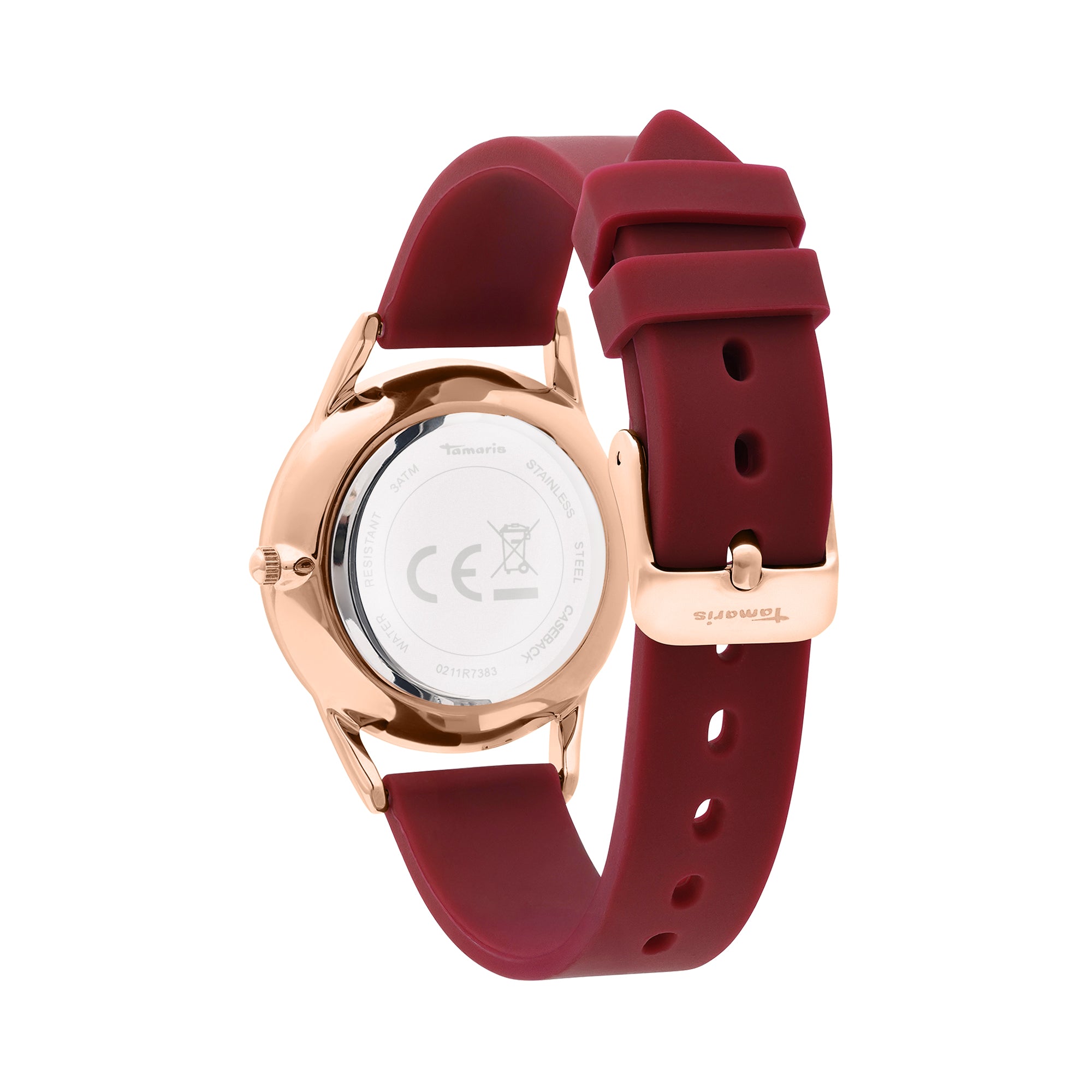 Rückansicht der Tamaris Armbanduhr - Sporty Flowers by Tamaris mit roségoldenem Gehäuse, kastanienbraunem Silikonarmband und dezenten floralen Akzenten auf weißem Hintergrund.