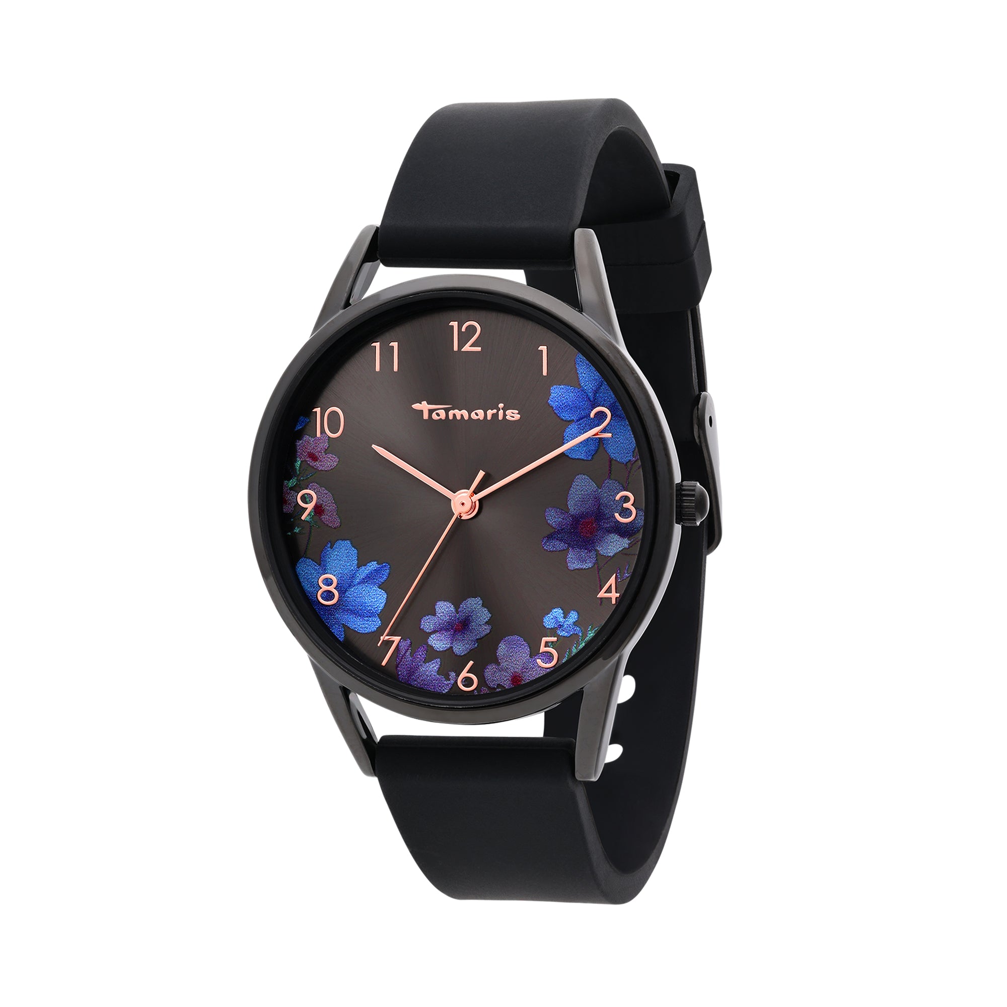 Die Tamaris Armbanduhr - Sporty Flowers von Tamaris hat ein floral gestaltetes Zifferblatt, zeigt 10:10 an und wird mit einem sportlichen Silikonarmband in Schwarz geliefert.