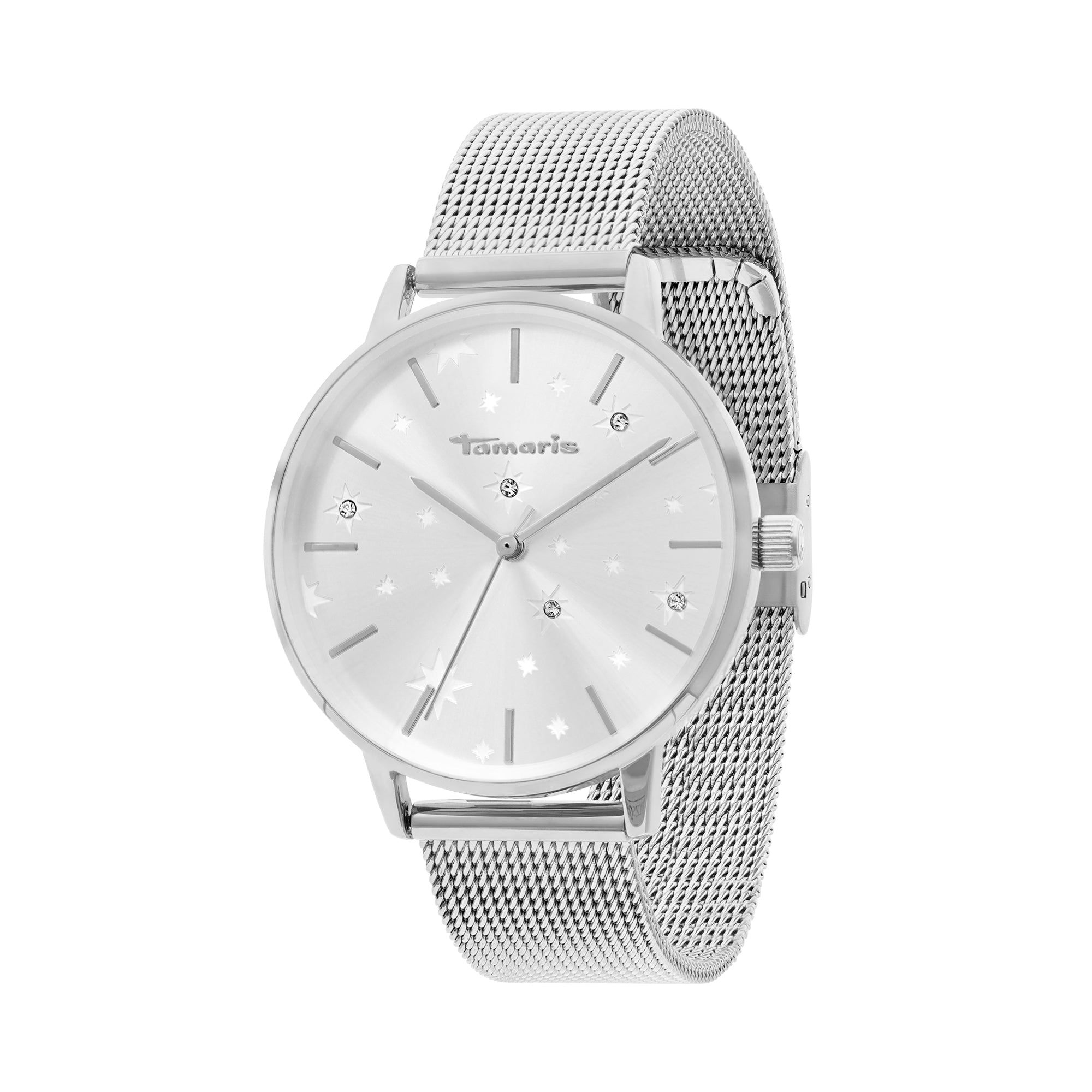 Die Tamaris Armbanduhr - Shiny Stars besticht durch ein silbernes Netzband, ein rundes Zifferblatt und funkelnde Kristallindexe für zeitlose, minimalistische Eleganz.