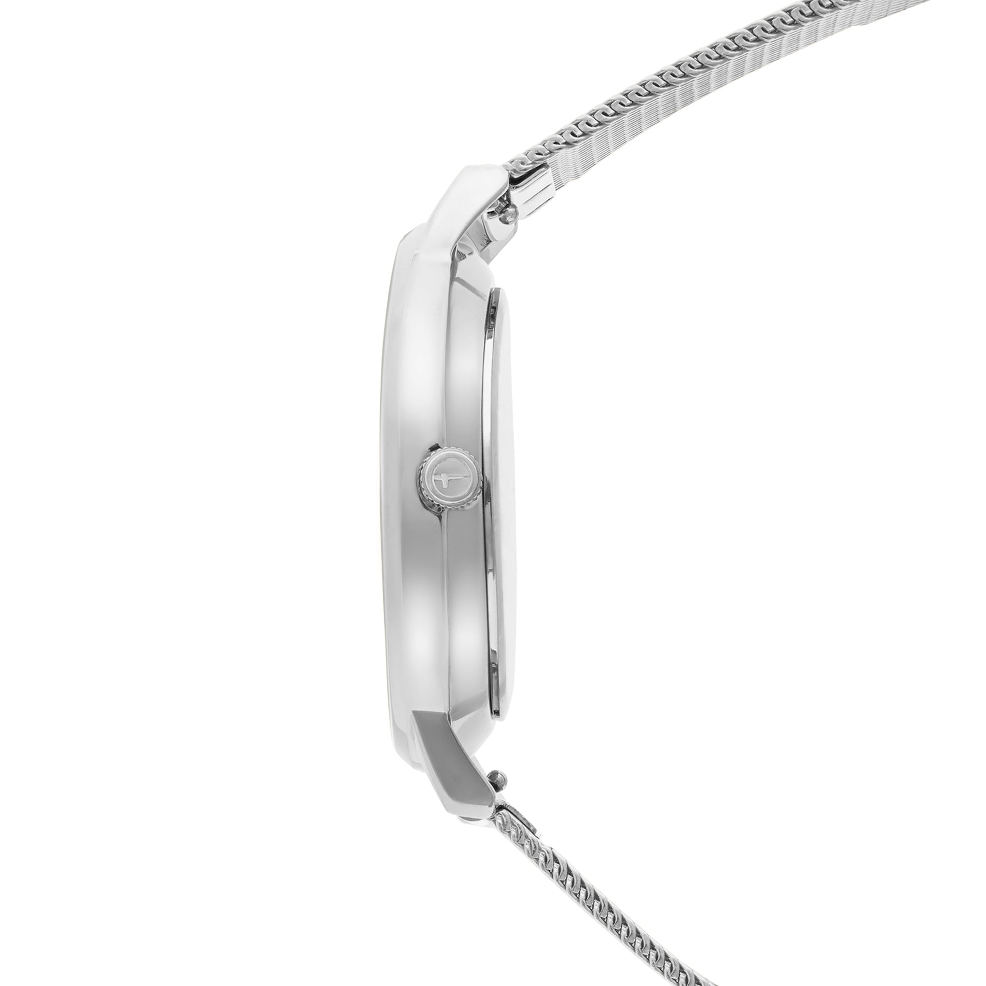 Seitenansicht der Tamaris Armbanduhr - Shiny Stars von Tamaris mit silbernem Metallgewebeband und einer kleinen Krone auf dem Uhrengehäuse.