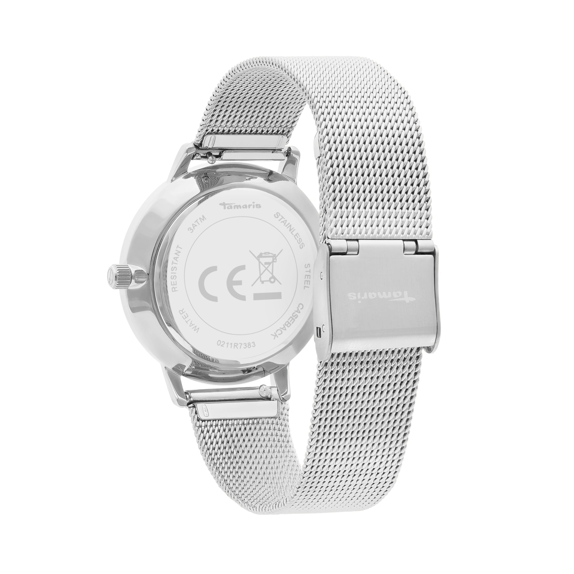 Die Tamaris Armbanduhr - Shiny Stars mit silbernem Netzband wird von hinten gezeigt und hebt das Tamaris Branding und die Zertifizierungszeichen hervor.