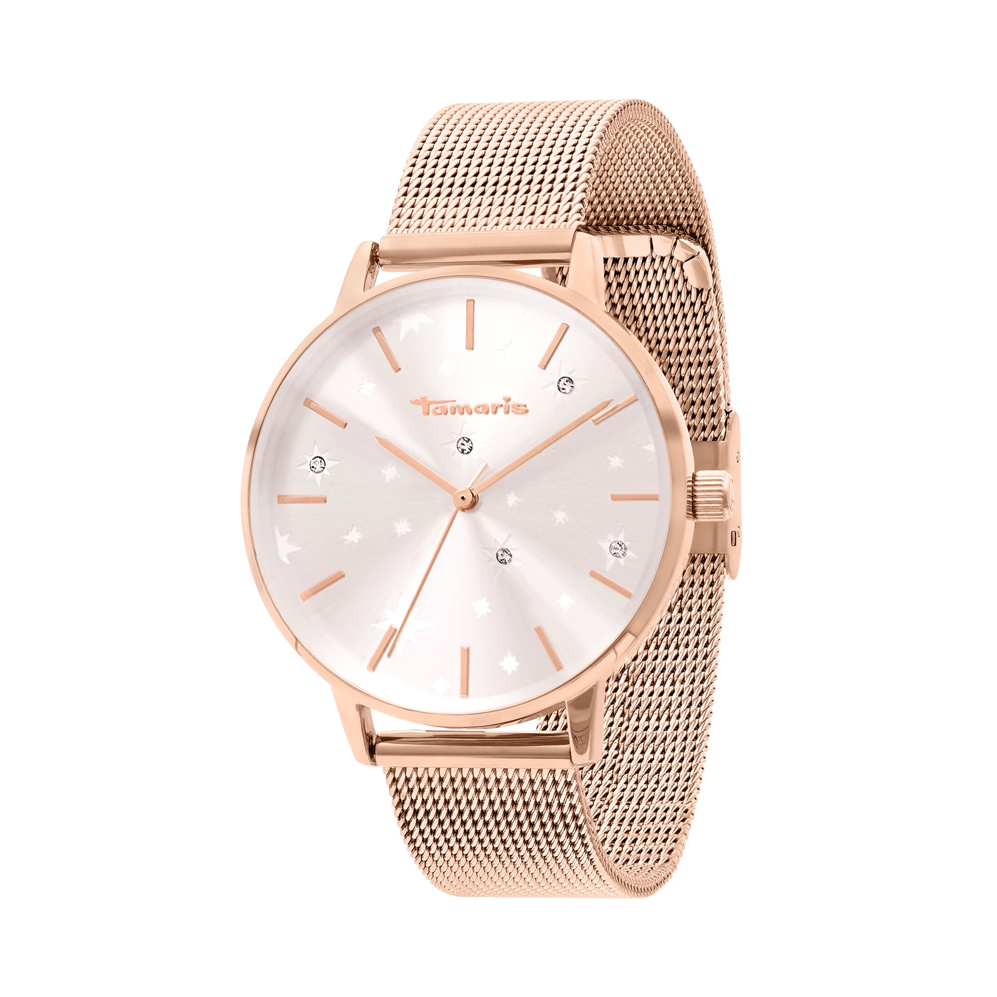 Die Tamaris Armbanduhr - Shiny Stars hat ein roségoldenes Gehäuse, ein Edelstahl-Meshband, ein silbernes Zifferblatt mit minimalistischen Markierungen und kleine dekorative Zirkonia-Kristalle.