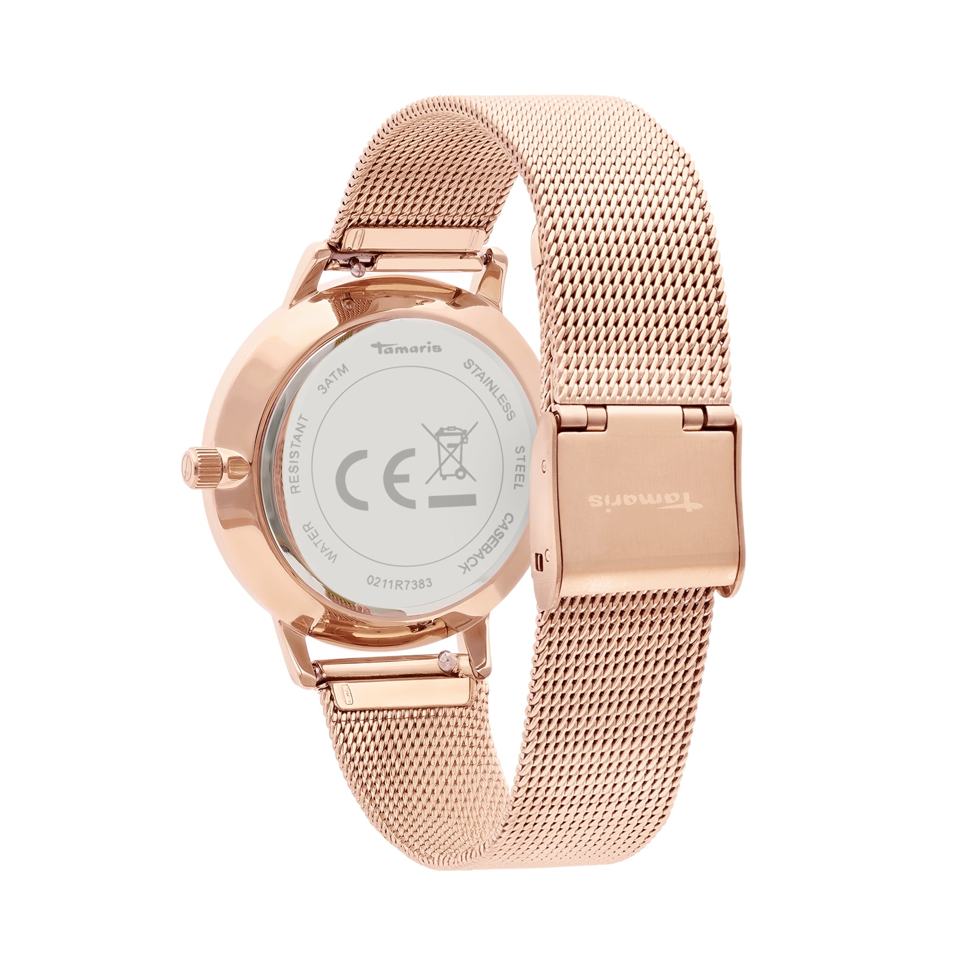 Die Tamaris Armbanduhr - Shiny Stars mit roségoldenem Edelstahl-Meshband zeigt sich von hinten mit dem Tamaris Branding und den Zertifizierungssymbolen.